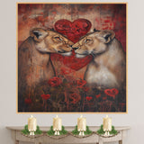 Lion Couple with Heart Romantic Wildlife Artwork for Animal Lovers and Rustic Bold Home Decor on Ready to Hang 1.5" Thick Canvas Wrap, Floating Framed Canvas, Flat Rolled Canvas