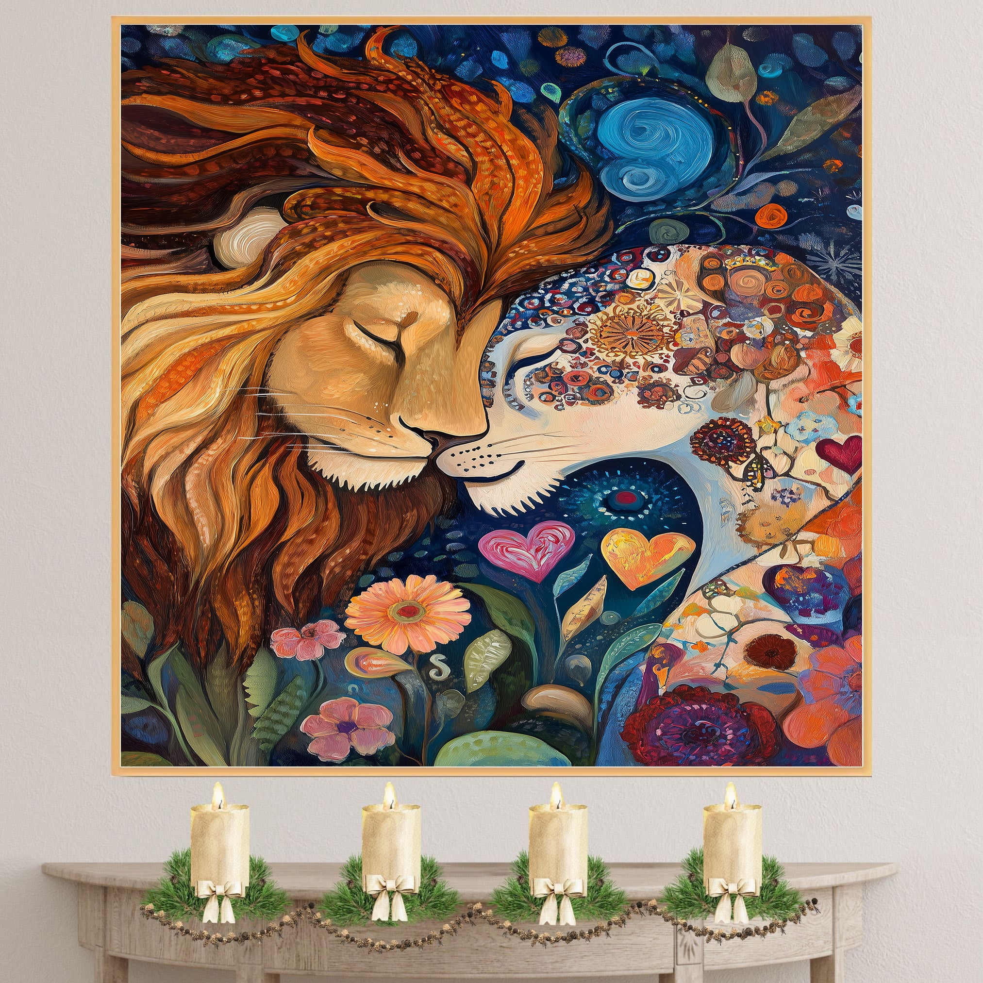 Fantasy Lion Couple with Floral Dreams Vibrant Wildlife Artwork for Animal Lovers and Boho Home Decor on Ready to Hang 1.5" Thick Canvas Wrap, Floating Framed Canvas, Flat Rolled Canvas