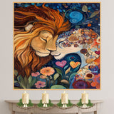 Fantasy Lion Couple with Floral Dreams Vibrant Wildlife Artwork for Animal Lovers and Boho Home Decor on Ready to Hang 1.5" Thick Canvas Wrap, Floating Framed Canvas, Flat Rolled Canvas