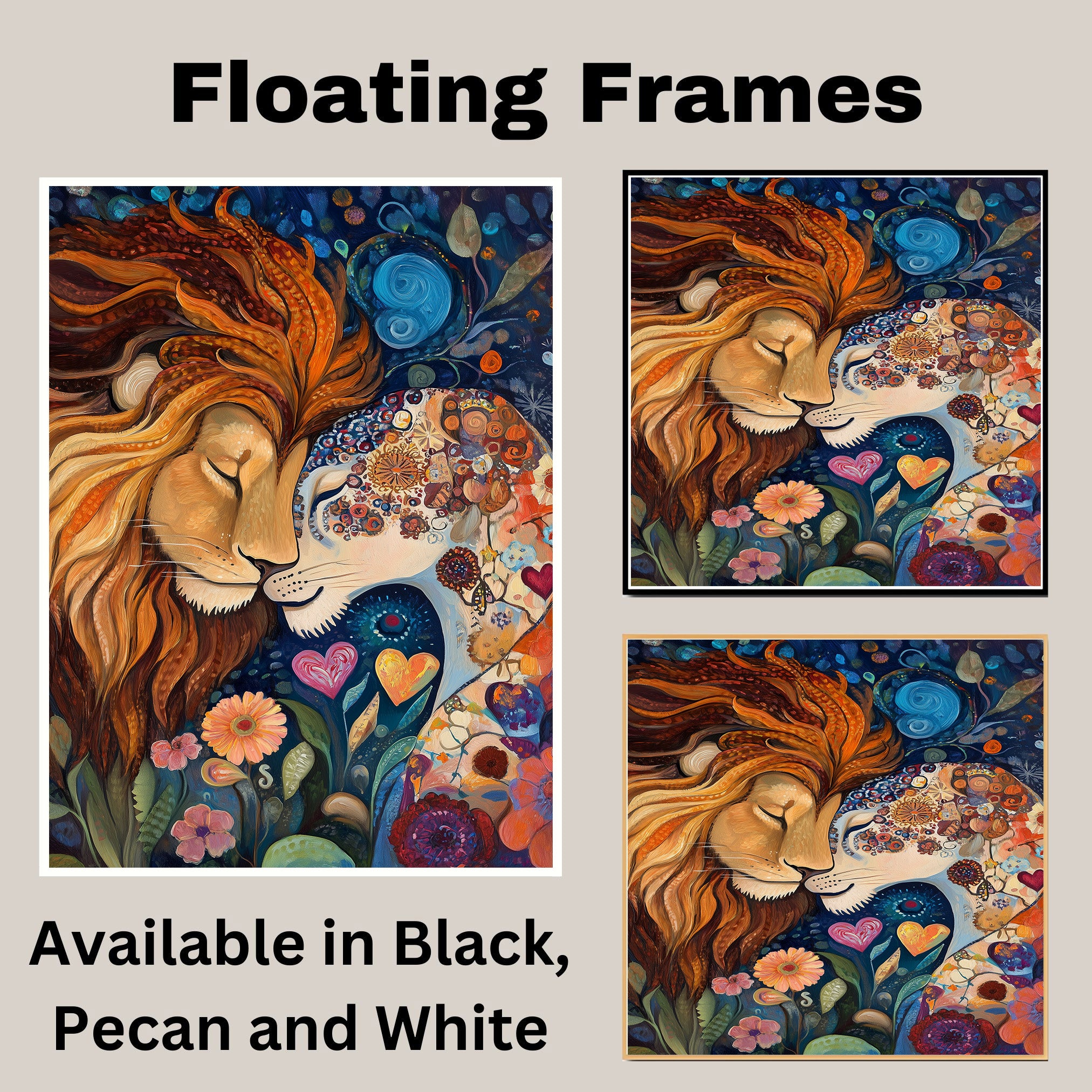 Fantasy Lion Couple with Floral Dreams Vibrant Wildlife Artwork for Animal Lovers and Boho Home Decor on Ready to Hang 1.5" Thick Canvas Wrap, Floating Framed Canvas, Flat Rolled Canvas