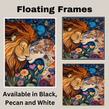 Fantasy Lion Couple with Floral Dreams Vibrant Wildlife Artwork for Animal Lovers and Boho Home Decor on Ready to Hang 1.5" Thick Canvas Wrap, Floating Framed Canvas, Flat Rolled Canvas