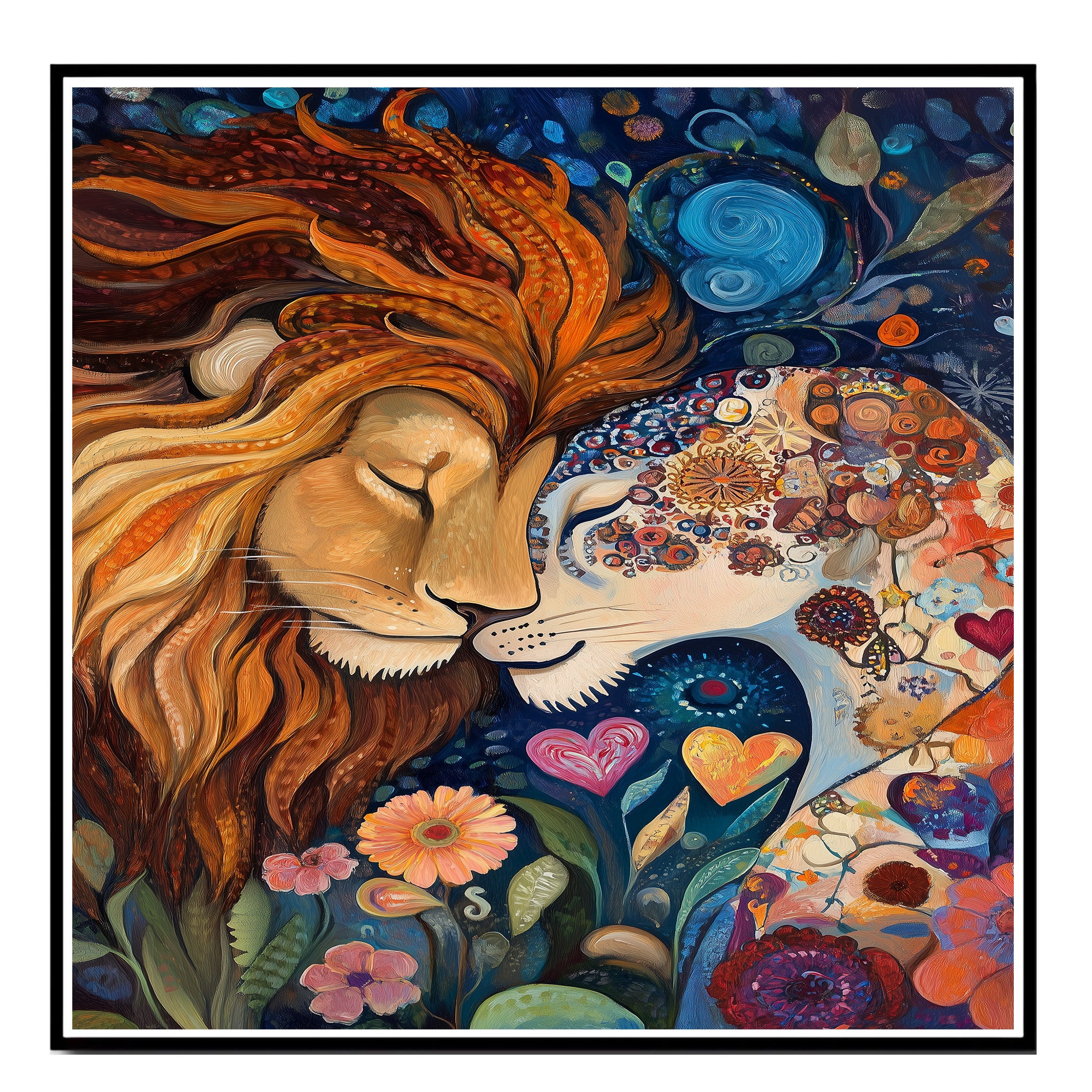 Fantasy Lion Couple with Floral Dreams Vibrant Wildlife Artwork for Animal Lovers and Boho Home Decor on Ready to Hang 1.5" Thick Canvas Wrap, Floating Framed Canvas, Flat Rolled Canvas