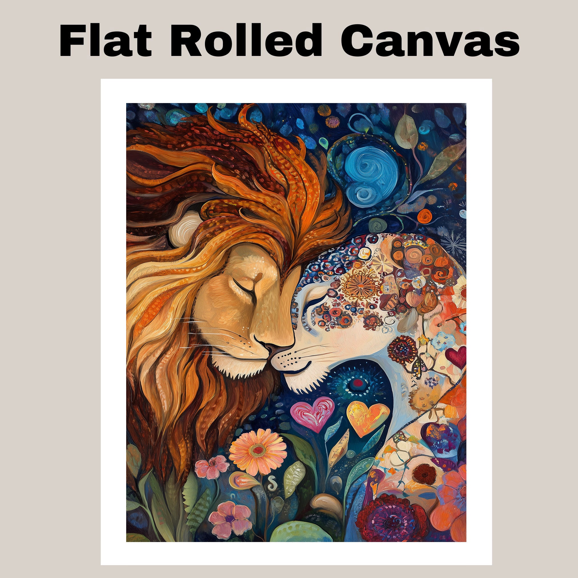 Fantasy Lion Couple with Floral Dreams Vibrant Wildlife Artwork for Animal Lovers and Boho Home Decor on Ready to Hang 1.5" Thick Canvas Wrap, Floating Framed Canvas, Flat Rolled Canvas