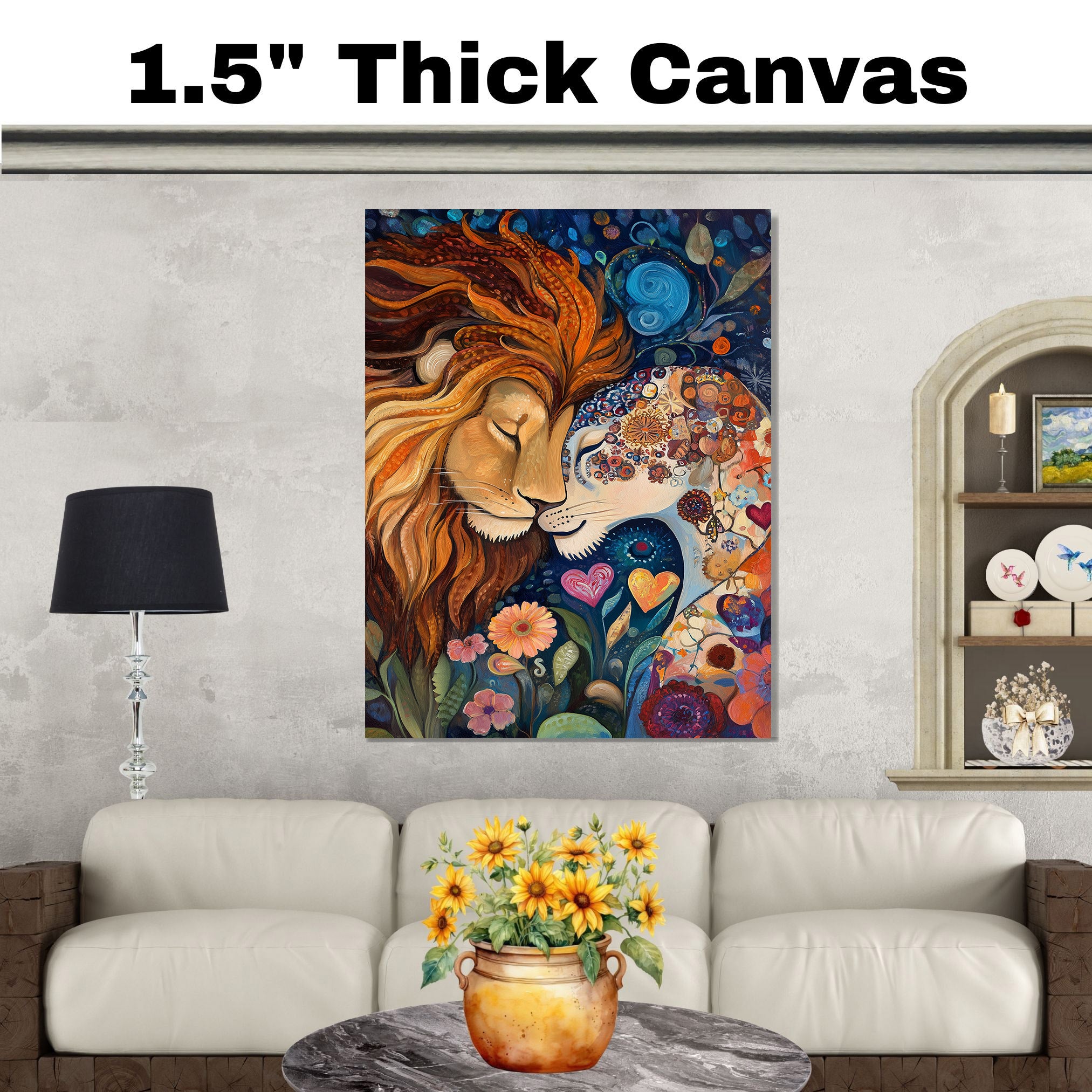 Fantasy Lion Couple with Floral Dreams Vibrant Wildlife Artwork for Animal Lovers and Boho Home Decor on Ready to Hang 1.5" Thick Canvas Wrap, Floating Framed Canvas, Flat Rolled Canvas