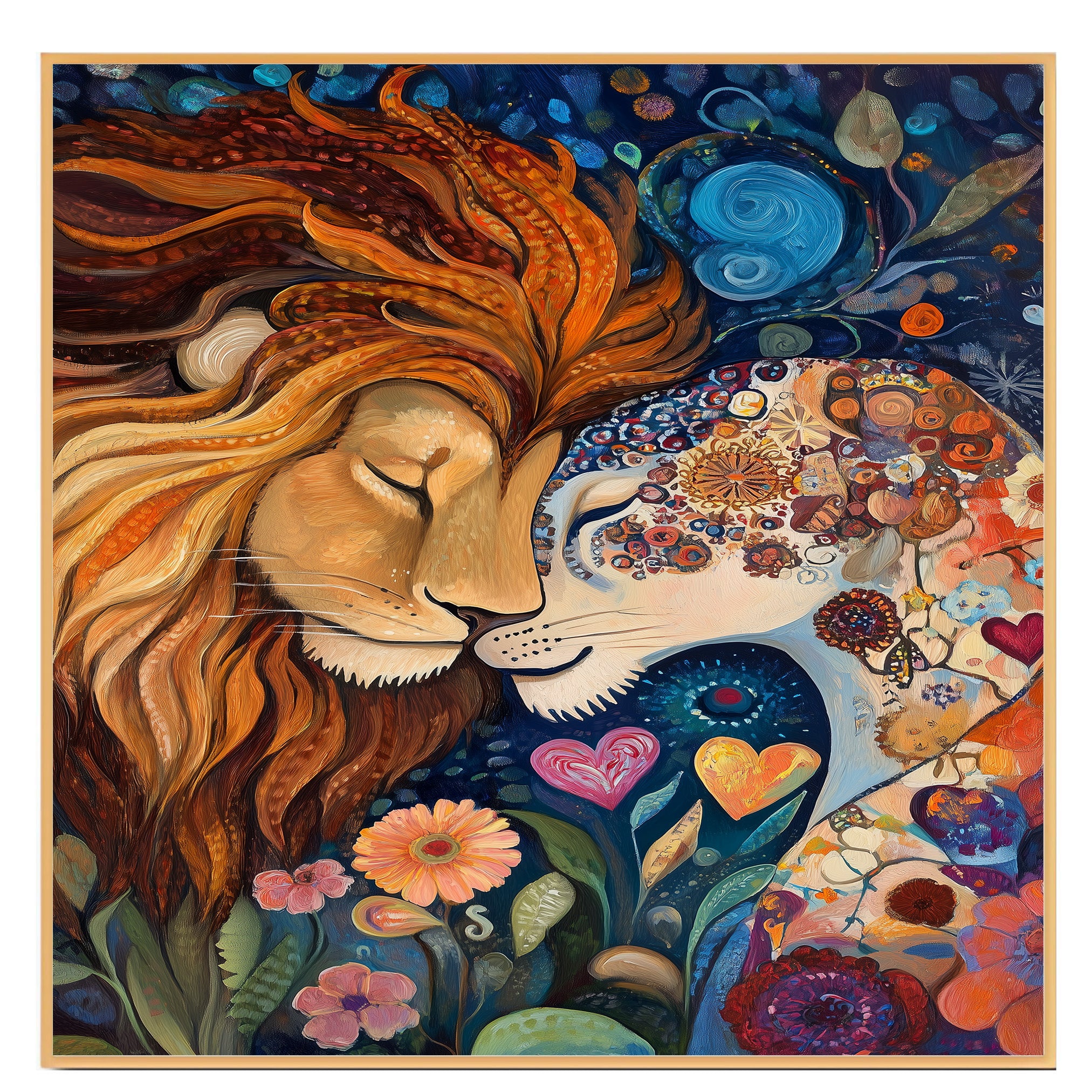 Fantasy Lion Couple with Floral Dreams Vibrant Wildlife Artwork for Animal Lovers and Boho Home Decor on Ready to Hang 1.5" Thick Canvas Wrap, Floating Framed Canvas, Flat Rolled Canvas