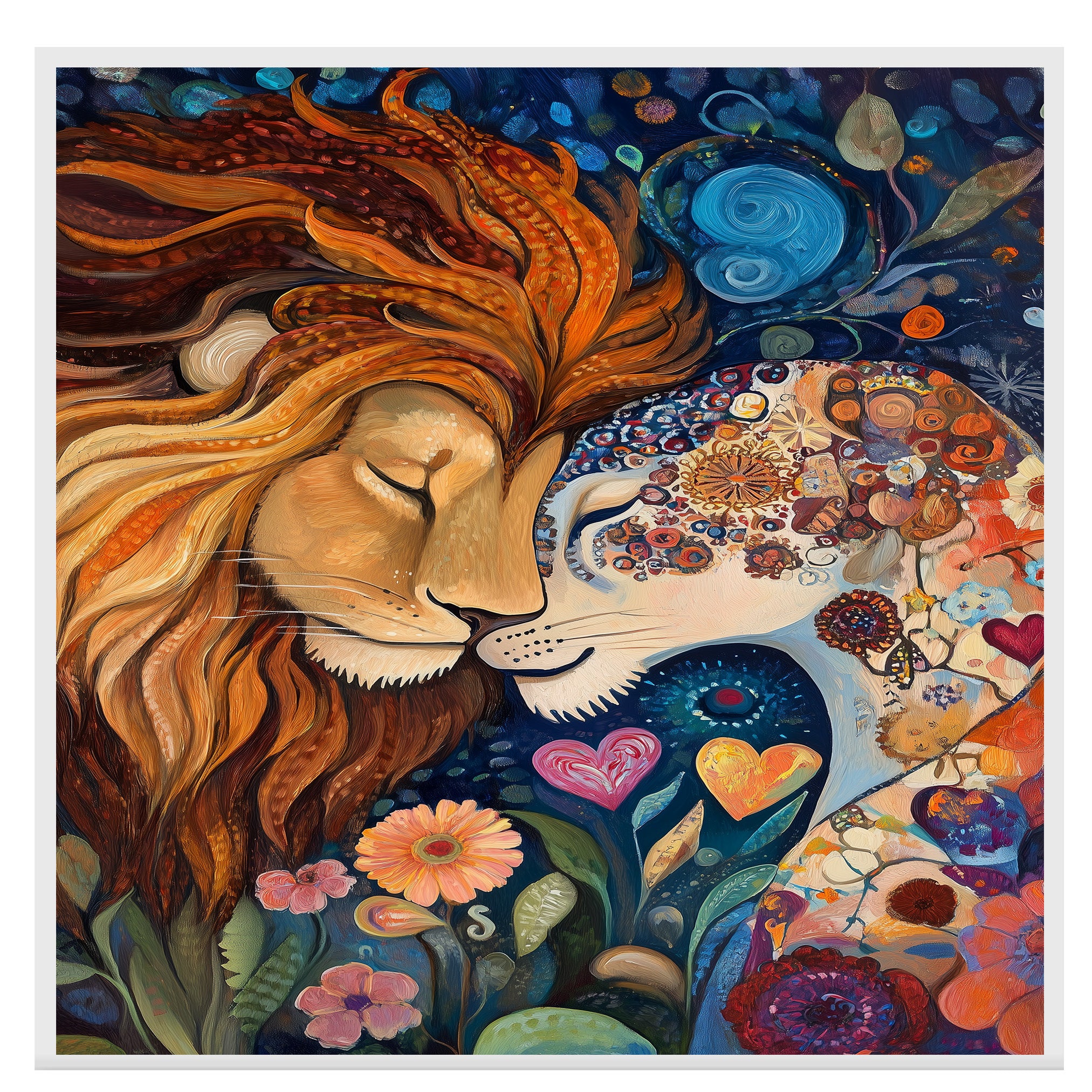 Fantasy Lion Couple with Floral Dreams Vibrant Wildlife Artwork for Animal Lovers and Boho Home Decor on Ready to Hang 1.5" Thick Canvas Wrap, Floating Framed Canvas, Flat Rolled Canvas
