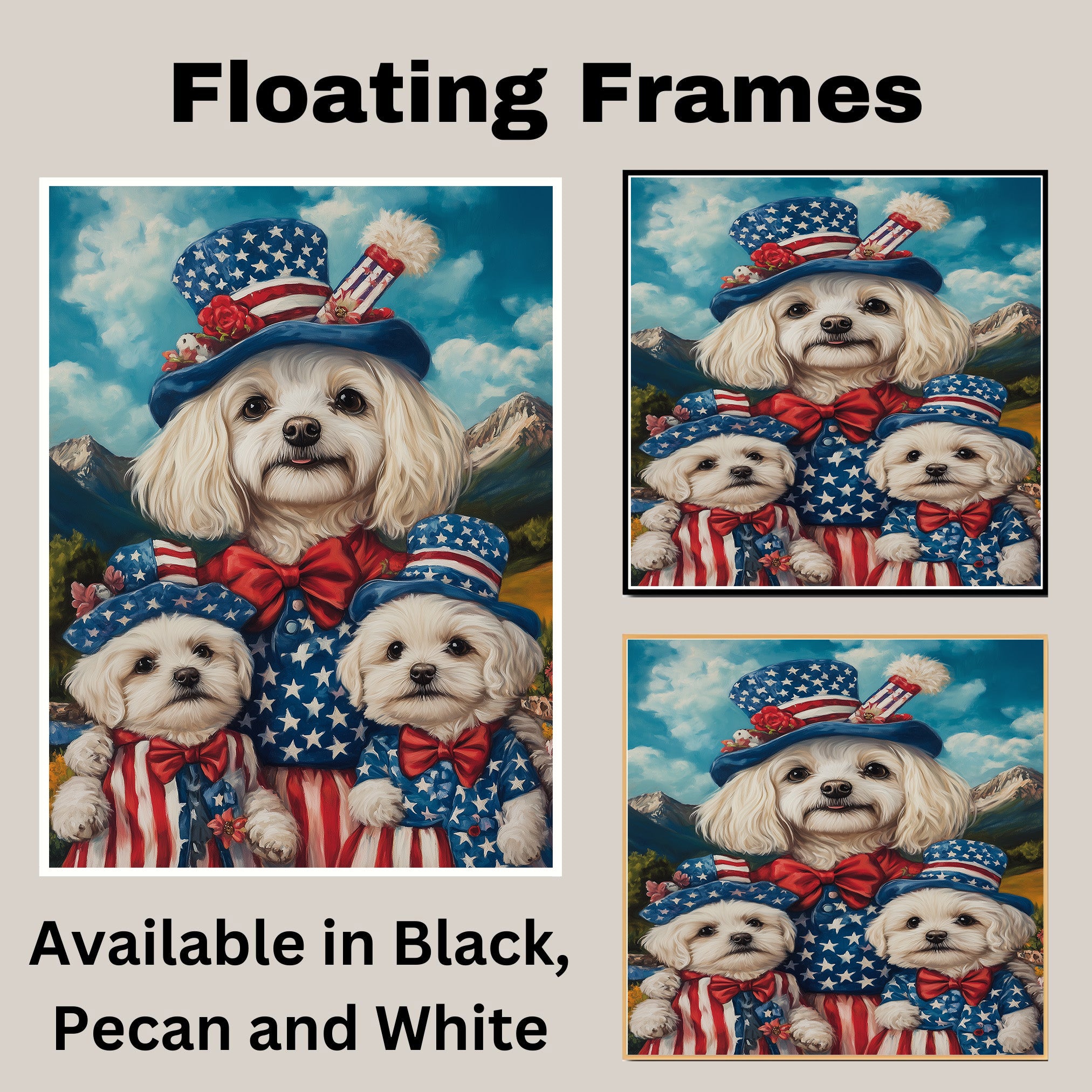 Mother Maltese Dog and Three Puppies in Patriotic Outfits with Star Hats and Red Bows Against Mountain Landscape on Ready to Hang 1.5" Thick Canvas Wrap, Floating Framed Canvas, Flat Rolled Canvas