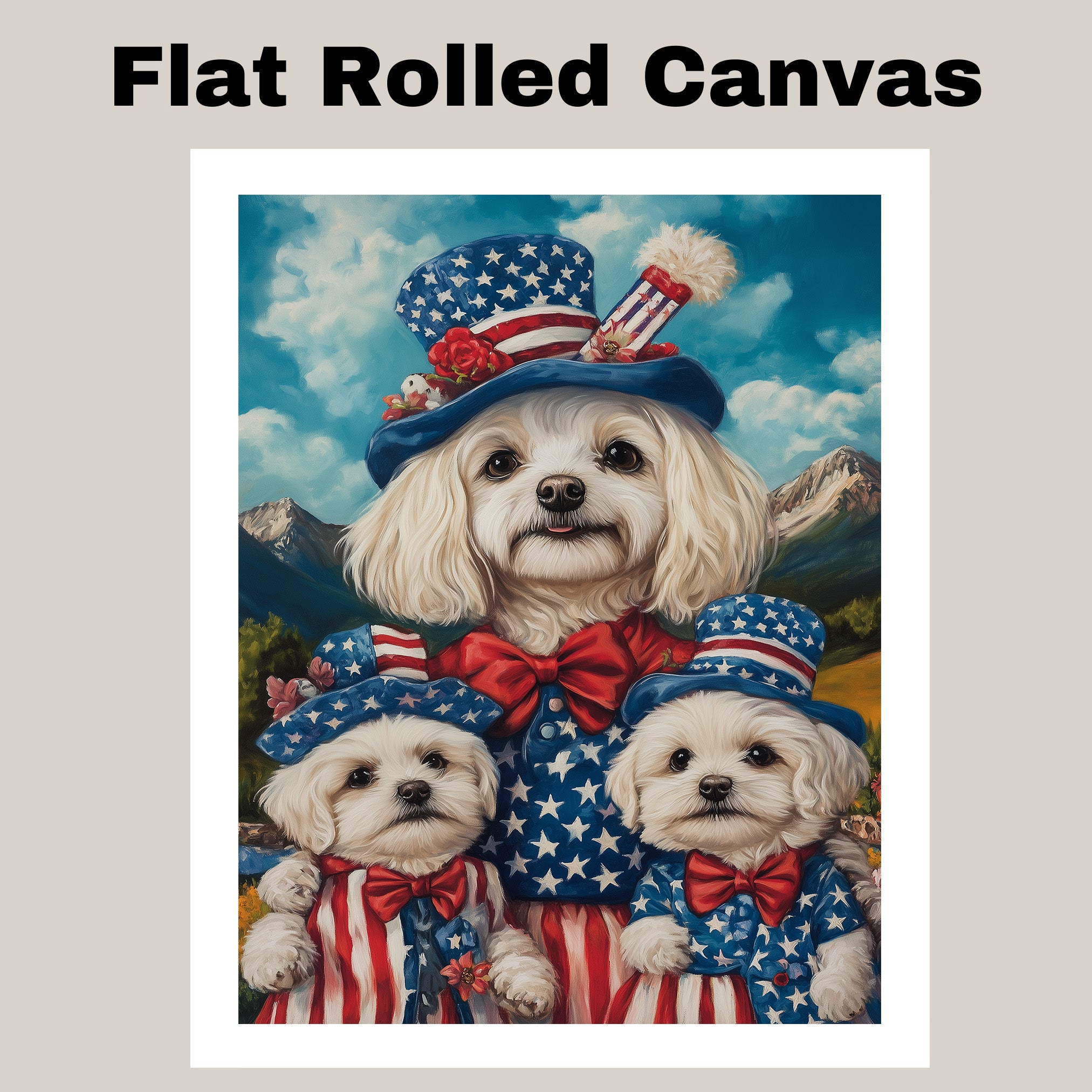 Mother Maltese Dog and Three Puppies in Patriotic Outfits with Star Hats and Red Bows Against Mountain Landscape on Ready to Hang 1.5" Thick Canvas Wrap, Floating Framed Canvas, Flat Rolled Canvas