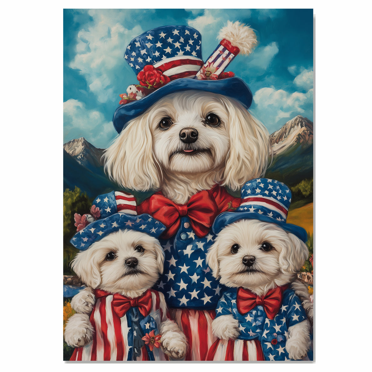 Mother Maltese Dog and Three Puppies in Patriotic Outfits with Star Hats and Red Bows Against Mountain Landscape on Ready to Hang 1.5" Thick Canvas Wrap, Floating Framed Canvas, Flat Rolled Canvas