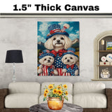 Mother Maltese Dog and Three Puppies in Patriotic Outfits with Star Hats and Red Bows Against Mountain Landscape on Ready to Hang 1.5" Thick Canvas Wrap, Floating Framed Canvas, Flat Rolled Canvas