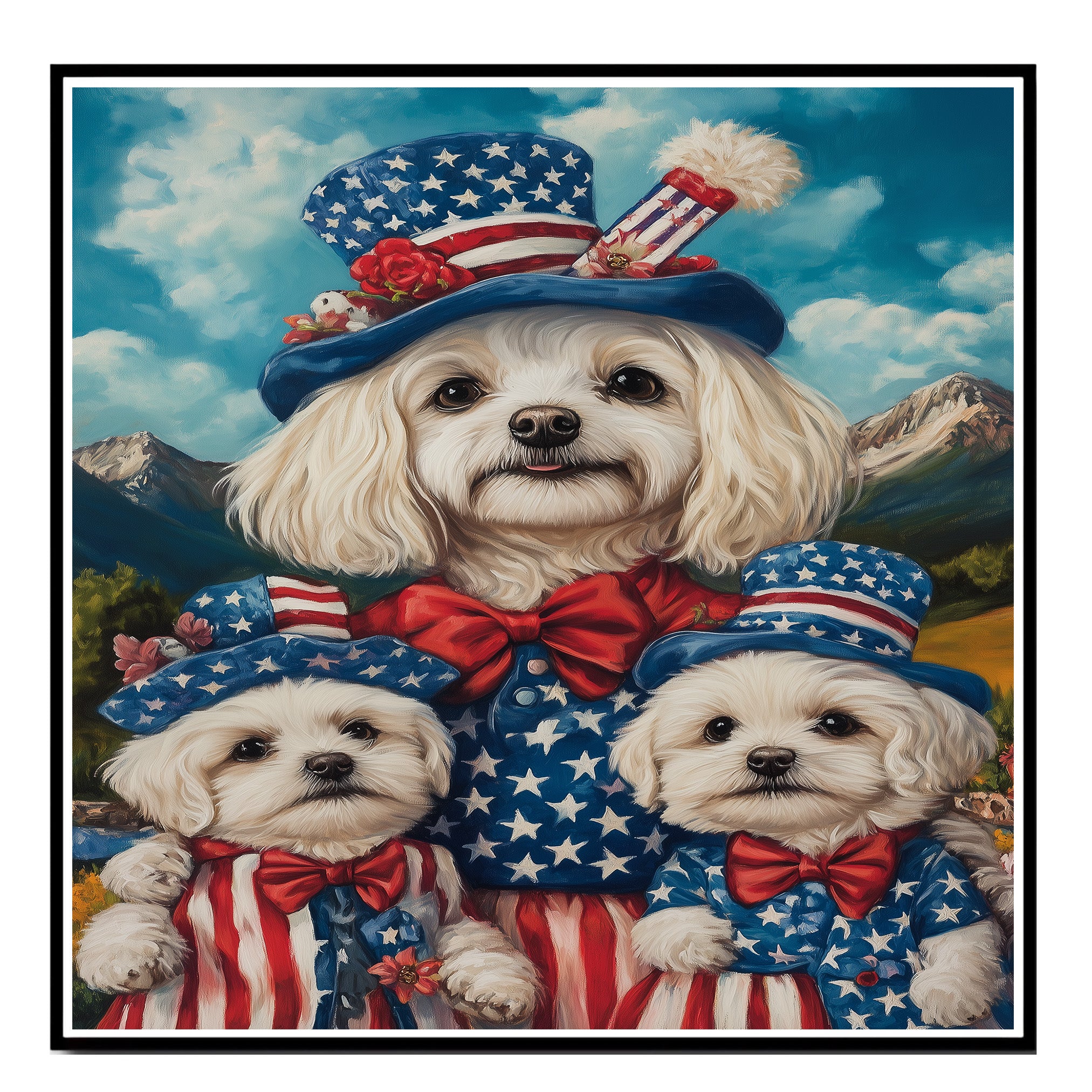 Mother Maltese Dog and Three Puppies in Patriotic Outfits with Star Hats and Red Bows Against Mountain Landscape on Ready to Hang 1.5" Thick Canvas Wrap, Floating Framed Canvas, Flat Rolled Canvas