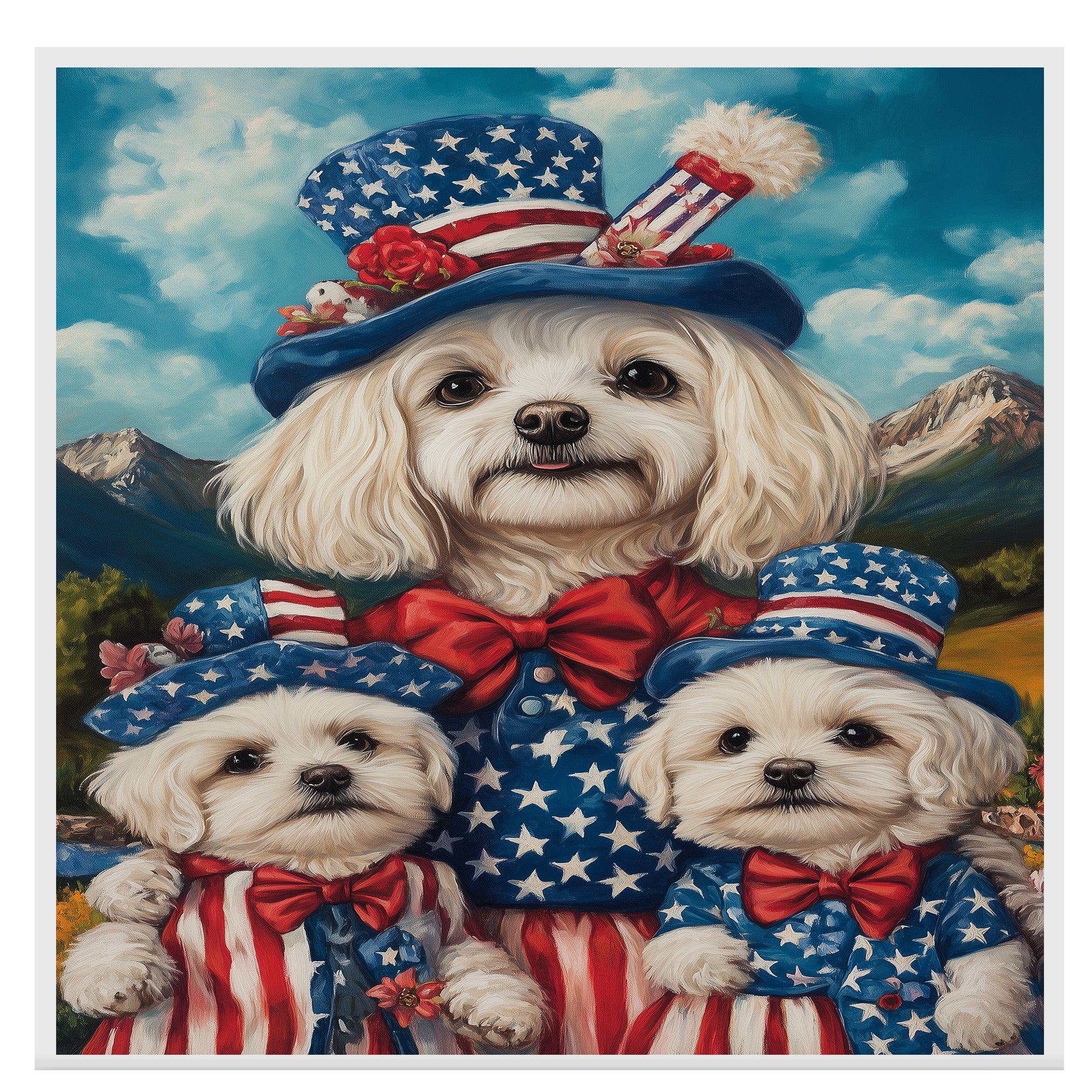 Mother Maltese Dog and Three Puppies in Patriotic Outfits with Star Hats and Red Bows Against Mountain Landscape on Ready to Hang 1.5" Thick Canvas Wrap, Floating Framed Canvas, Flat Rolled Canvas
