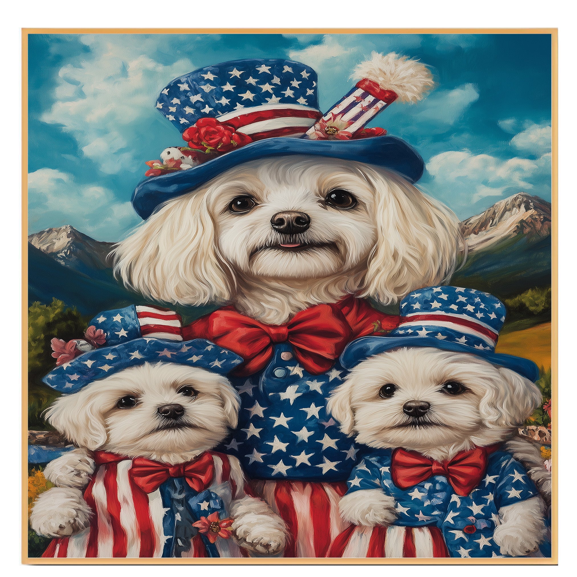 Mother Maltese Dog and Three Puppies in Patriotic Outfits with Star Hats and Red Bows Against Mountain Landscape on Ready to Hang 1.5" Thick Canvas Wrap, Floating Framed Canvas, Flat Rolled Canvas