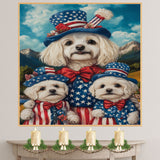 Mother Maltese Dog and Three Puppies in Patriotic Outfits with Star Hats and Red Bows Against Mountain Landscape on Ready to Hang 1.5" Thick Canvas Wrap, Floating Framed Canvas, Flat Rolled Canvas