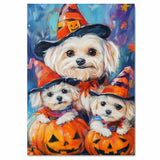 Maltese Dog Halloween Canvas Wall Art with Witch Hat and Pumpkin Rustic Fall Farmhouse Decor for Autumn on Ready to Hang 1.5" Thick Canvas Wrap, Floating Framed Canvas, Flat Rolled Canvas