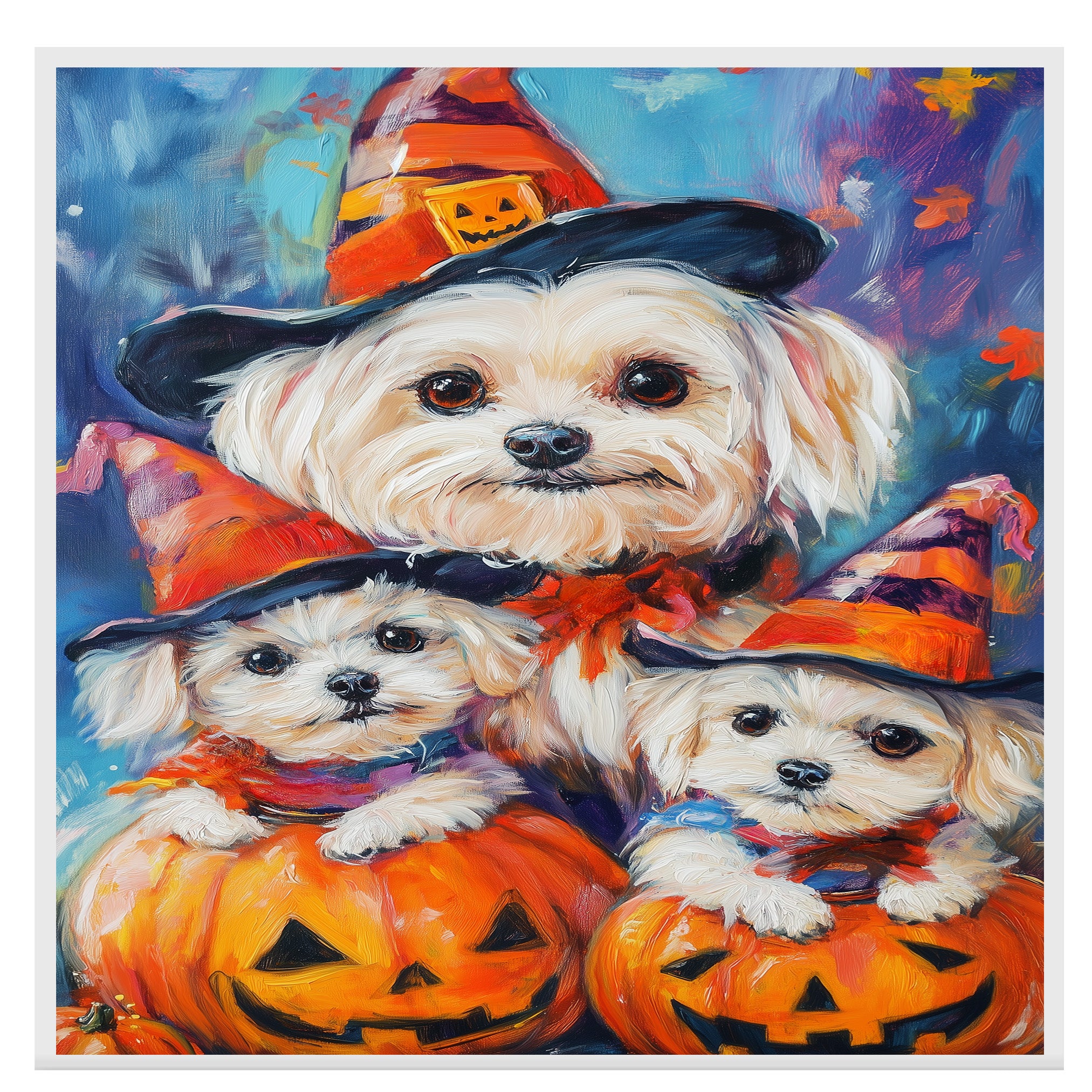 Maltese Dog Halloween Canvas Wall Art with Witch Hat and Pumpkin Rustic Fall Farmhouse Decor for Autumn on Ready to Hang 1.5" Thick Canvas Wrap, Floating Framed Canvas, Flat Rolled Canvas