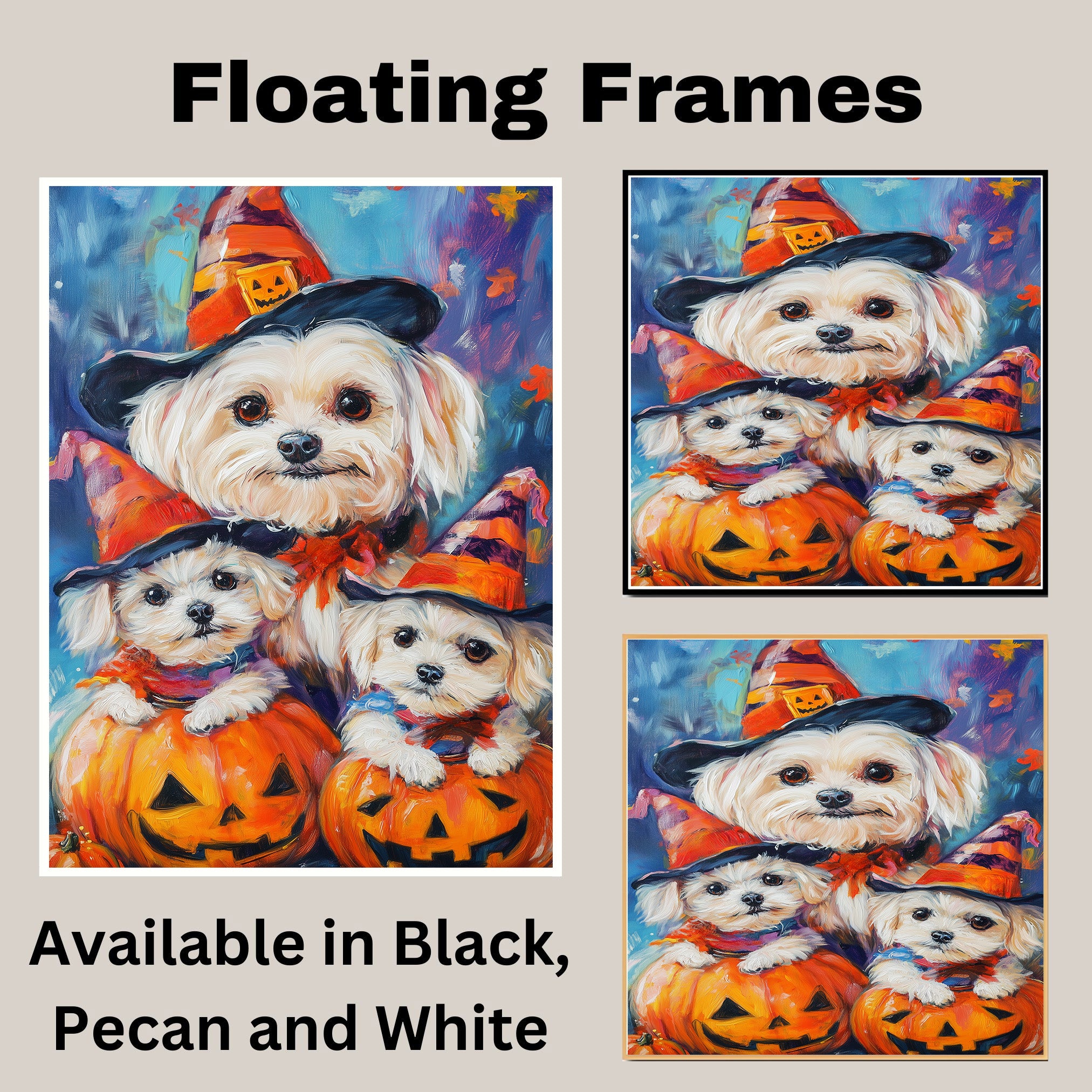 Maltese Dog Halloween Canvas Wall Art with Witch Hat and Pumpkin Rustic Fall Farmhouse Decor for Autumn on Ready to Hang 1.5" Thick Canvas Wrap, Floating Framed Canvas, Flat Rolled Canvas