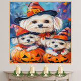 Maltese Dog Halloween Canvas Wall Art with Witch Hat and Pumpkin Rustic Fall Farmhouse Decor for Autumn on Ready to Hang 1.5" Thick Canvas Wrap, Floating Framed Canvas, Flat Rolled Canvas