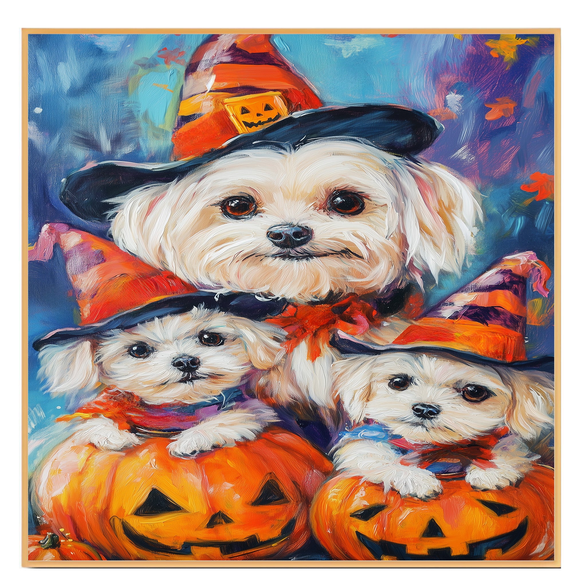 Maltese Dog Halloween Canvas Wall Art with Witch Hat and Pumpkin Rustic Fall Farmhouse Decor for Autumn on Ready to Hang 1.5" Thick Canvas Wrap, Floating Framed Canvas, Flat Rolled Canvas