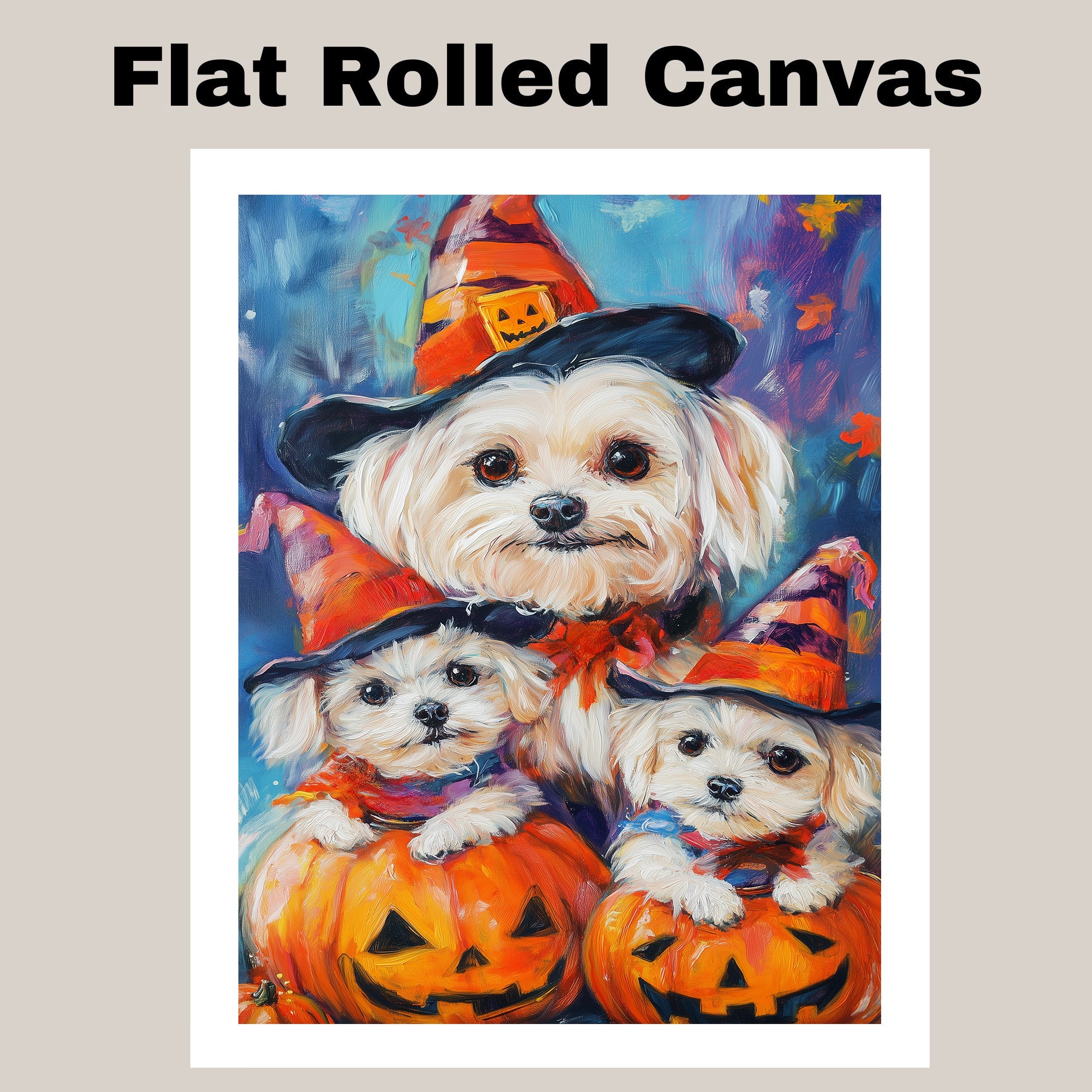 Maltese Dog Halloween Canvas Wall Art with Witch Hat and Pumpkin Rustic Fall Farmhouse Decor for Autumn on Ready to Hang 1.5" Thick Canvas Wrap, Floating Framed Canvas, Flat Rolled Canvas