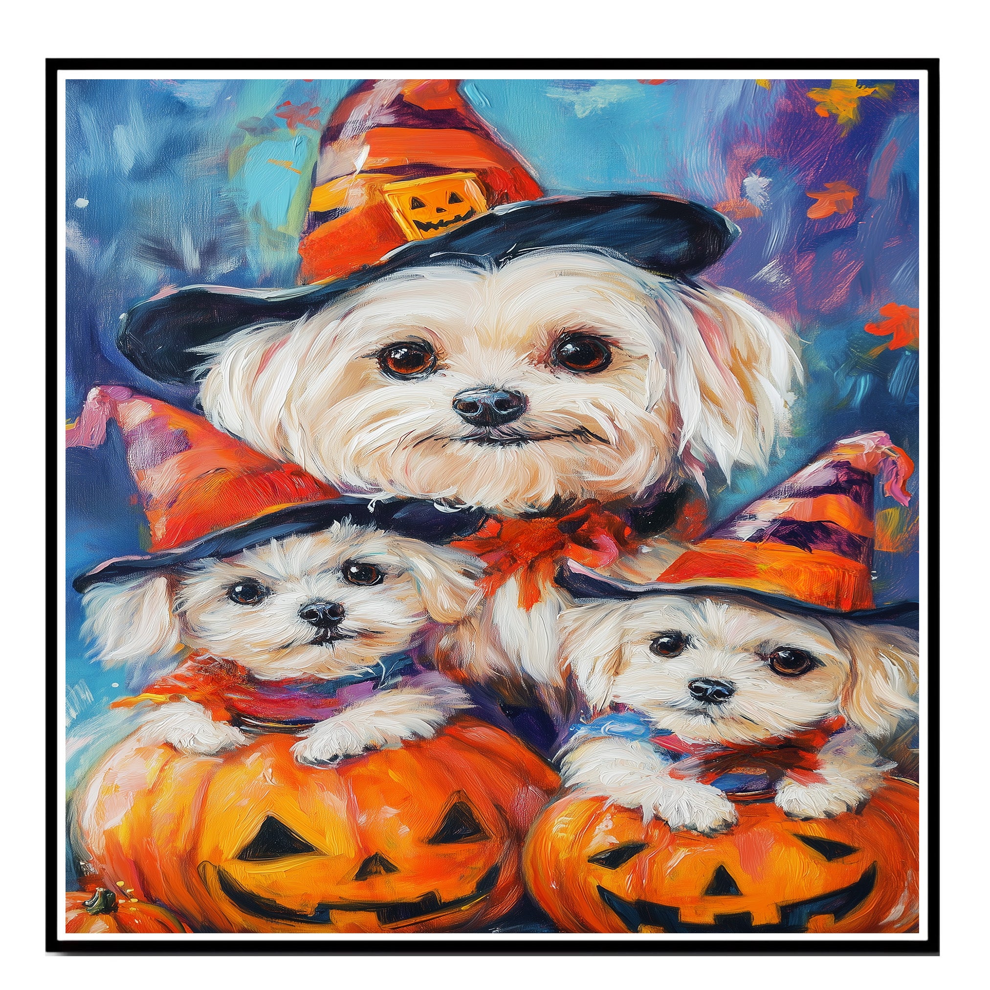 Maltese Dog Halloween Canvas Wall Art with Witch Hat and Pumpkin Rustic Fall Farmhouse Decor for Autumn on Ready to Hang 1.5" Thick Canvas Wrap, Floating Framed Canvas, Flat Rolled Canvas