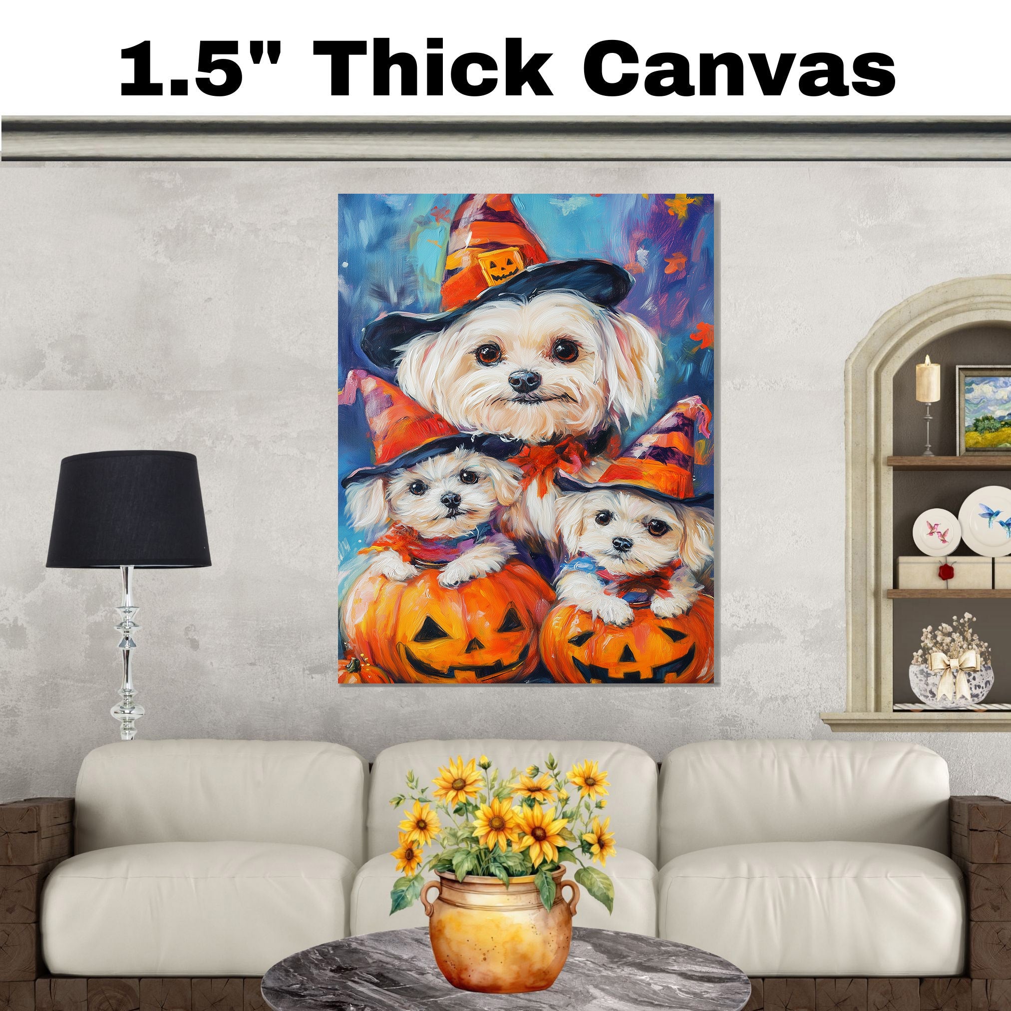 Maltese Dog Halloween Canvas Wall Art with Witch Hat and Pumpkin Rustic Fall Farmhouse Decor for Autumn on Ready to Hang 1.5" Thick Canvas Wrap, Floating Framed Canvas, Flat Rolled Canvas