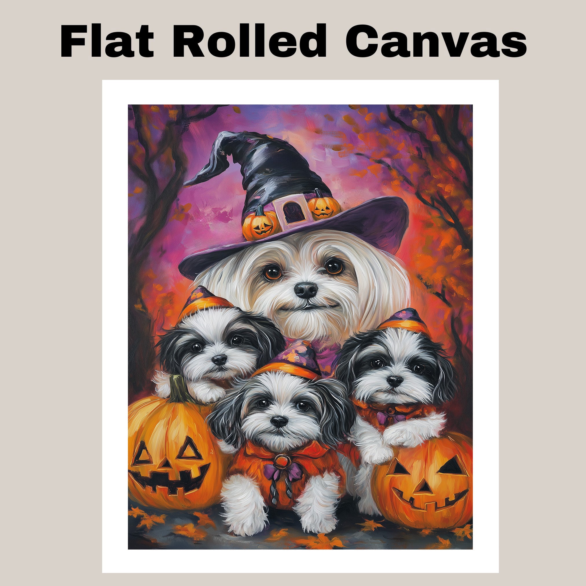 Malti Tzu Dog Halloween Canvas Wall Art with Pumpkins Rustic Fall Farmhouse Decor for Cozy Autumn Homes and Pet Lovers on Ready to Hang 1.5" Thick Canvas Wrap, Floating Framed Canvas, Flat Rolled Canvas