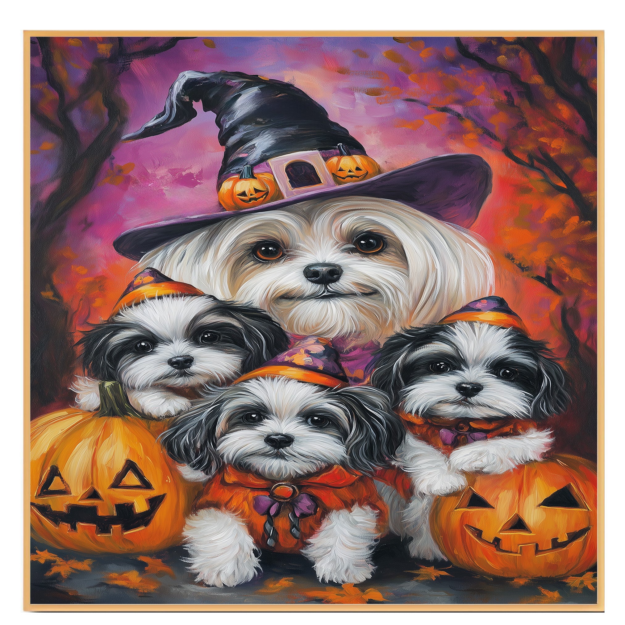 Malti Tzu Dog Halloween Canvas Wall Art with Pumpkins Rustic Fall Farmhouse Decor for Cozy Autumn Homes and Pet Lovers on Ready to Hang 1.5" Thick Canvas Wrap, Floating Framed Canvas, Flat Rolled Canvas