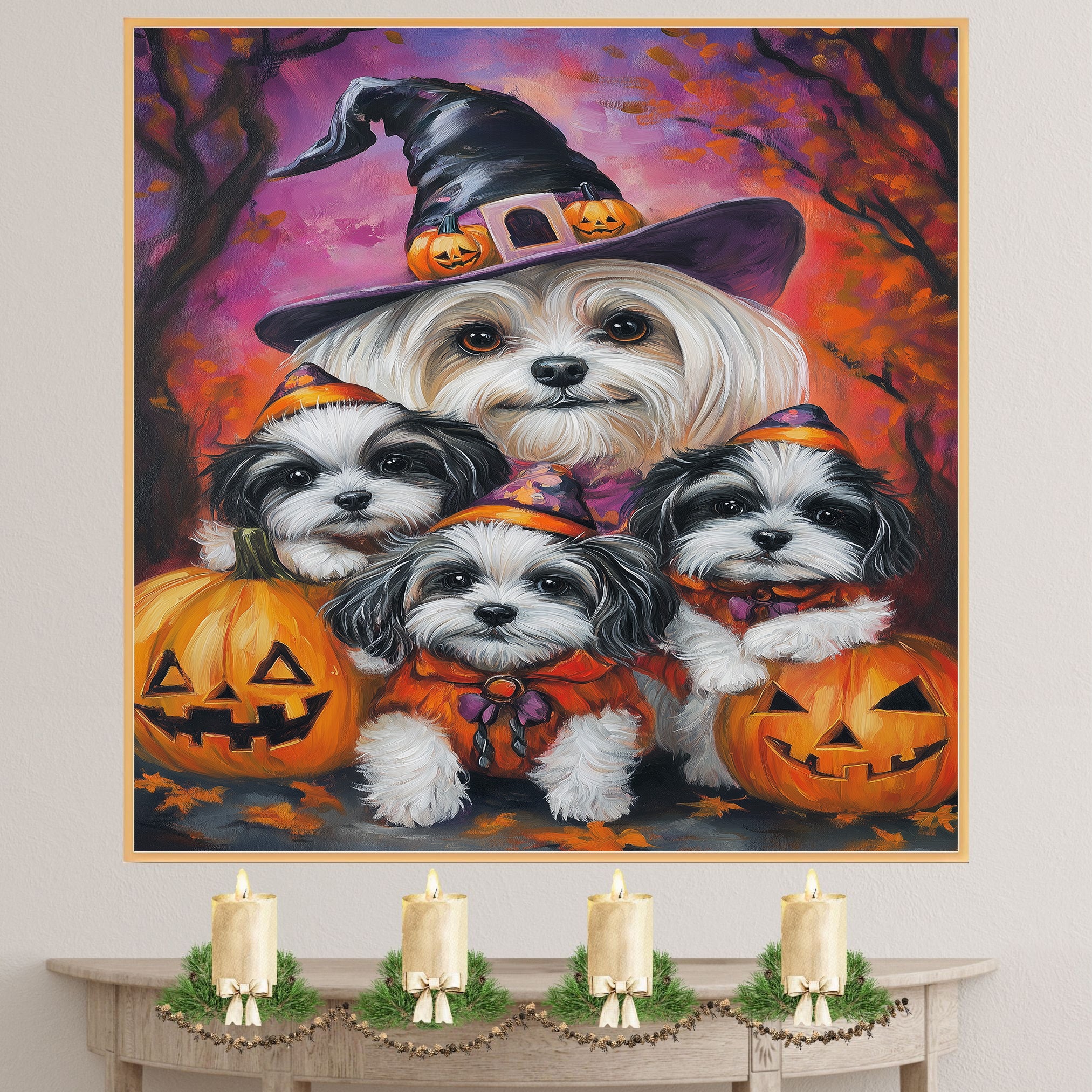 Malti Tzu Dog Halloween Canvas Wall Art with Pumpkins Rustic Fall Farmhouse Decor for Cozy Autumn Homes and Pet Lovers on Ready to Hang 1.5" Thick Canvas Wrap, Floating Framed Canvas, Flat Rolled Canvas