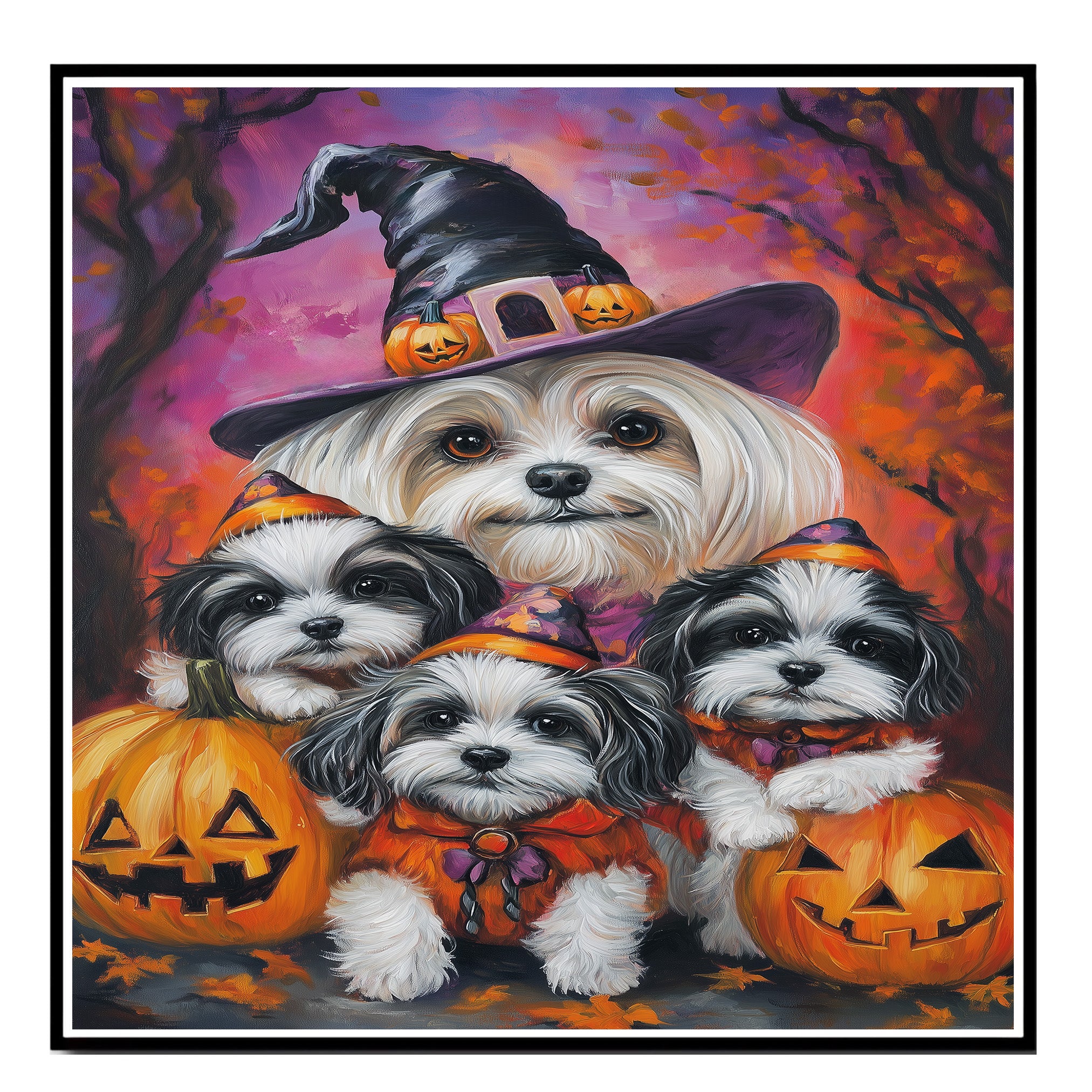 Malti Tzu Dog Halloween Canvas Wall Art with Pumpkins Rustic Fall Farmhouse Decor for Cozy Autumn Homes and Pet Lovers on Ready to Hang 1.5" Thick Canvas Wrap, Floating Framed Canvas, Flat Rolled Canvas