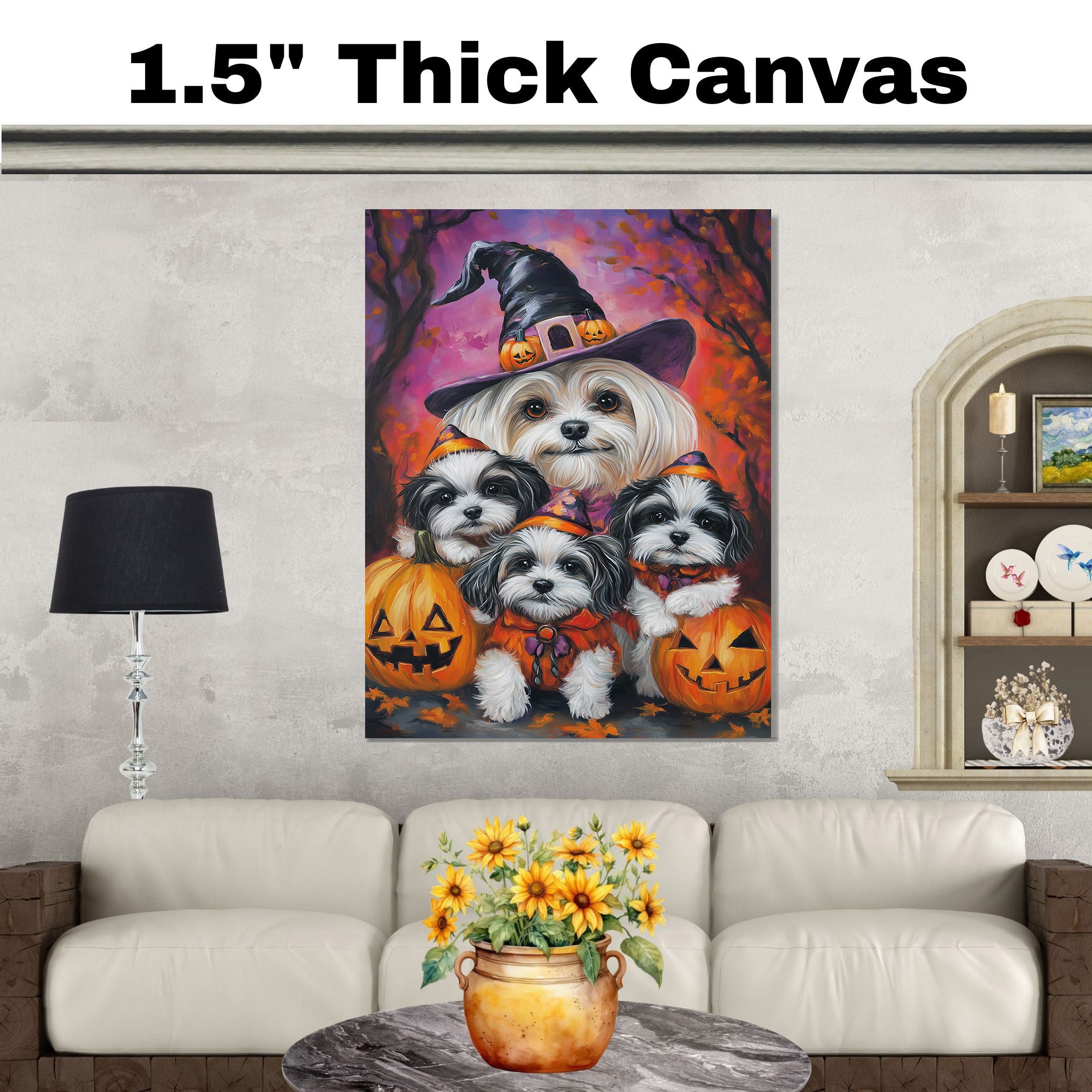 Malti Tzu Dog Halloween Canvas Wall Art with Pumpkins Rustic Fall Farmhouse Decor for Cozy Autumn Homes and Pet Lovers on Ready to Hang 1.5" Thick Canvas Wrap, Floating Framed Canvas, Flat Rolled Canvas