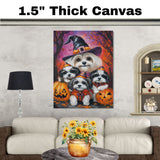 Malti Tzu Dog Halloween Canvas Wall Art with Pumpkins Rustic Fall Farmhouse Decor for Cozy Autumn Homes and Pet Lovers on Ready to Hang 1.5" Thick Canvas Wrap, Floating Framed Canvas, Flat Rolled Canvas