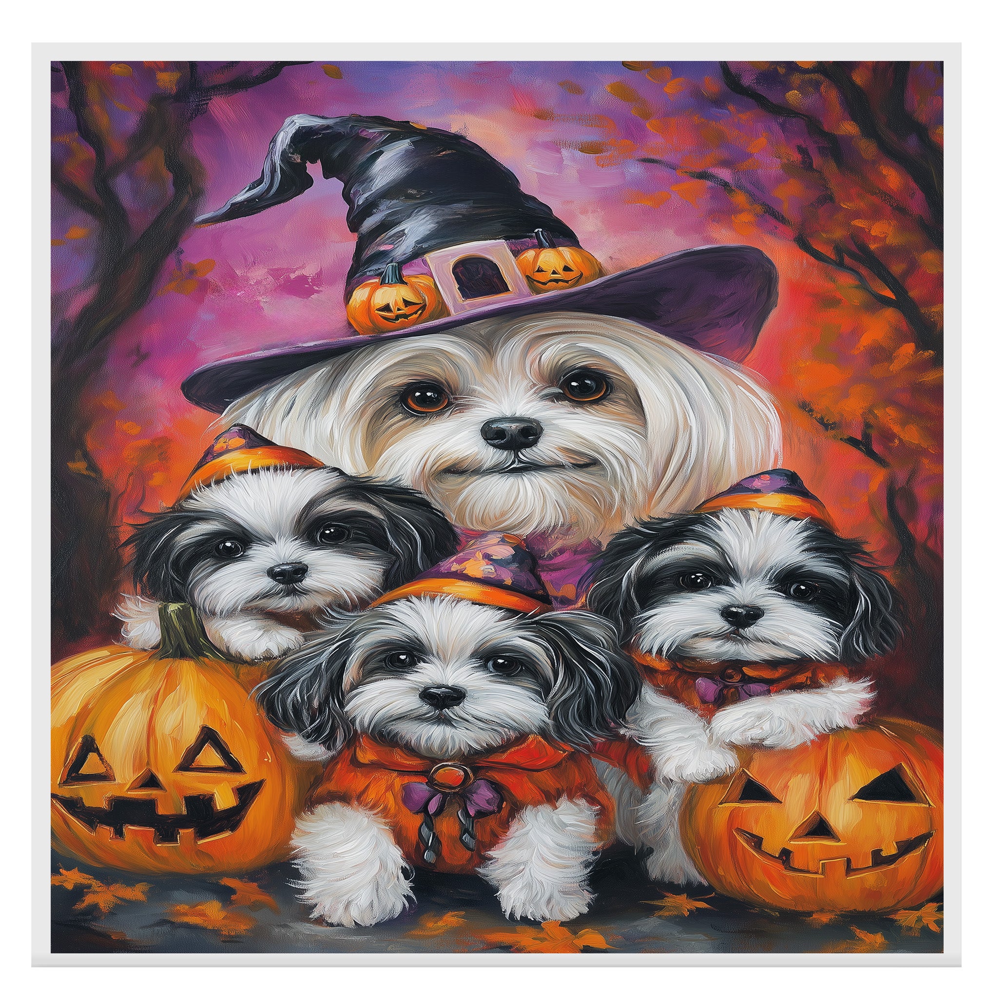 Malti Tzu Dog Halloween Canvas Wall Art with Pumpkins Rustic Fall Farmhouse Decor for Cozy Autumn Homes and Pet Lovers on Ready to Hang 1.5" Thick Canvas Wrap, Floating Framed Canvas, Flat Rolled Canvas