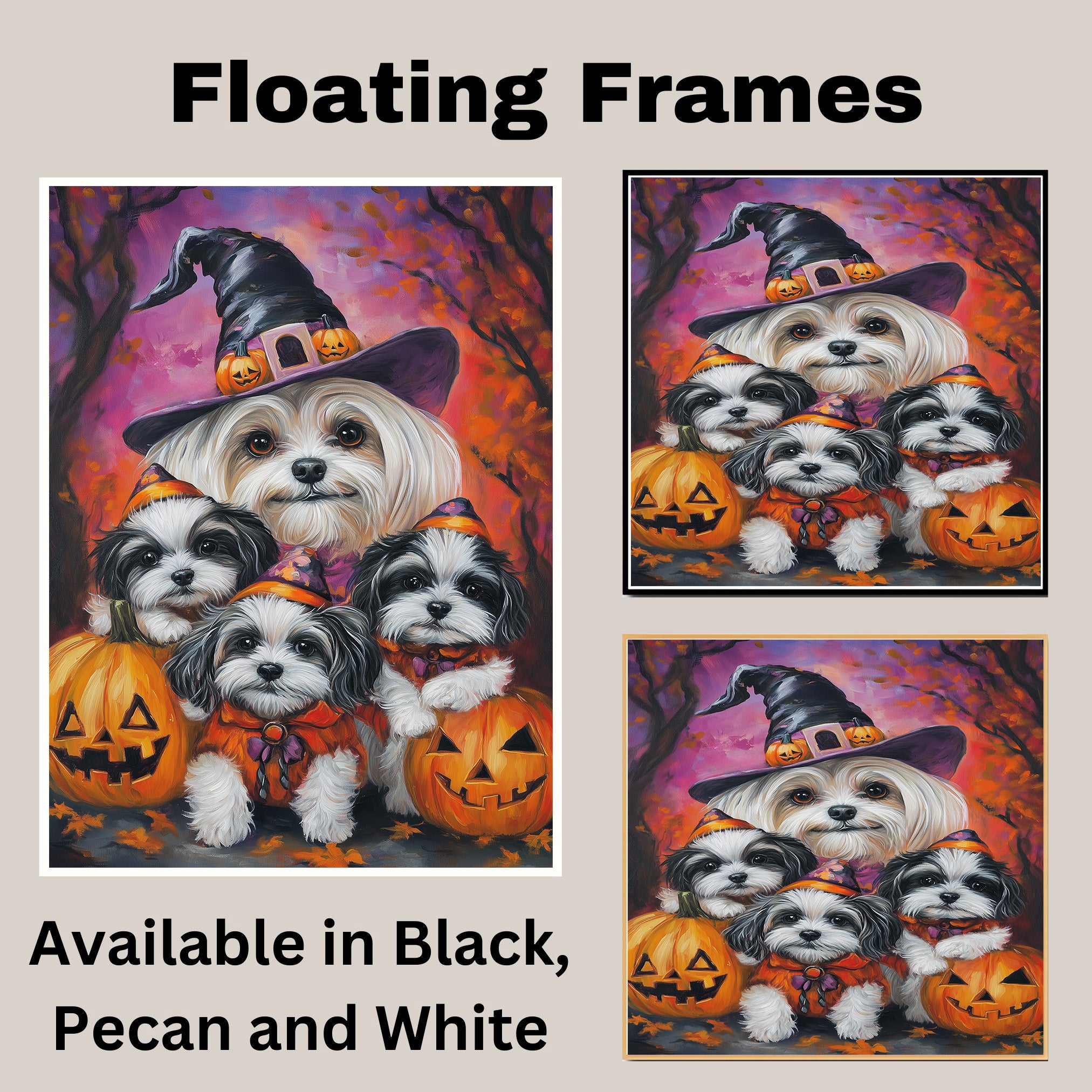 Malti Tzu Dog Halloween Canvas Wall Art with Pumpkins Rustic Fall Farmhouse Decor for Cozy Autumn Homes and Pet Lovers on Ready to Hang 1.5" Thick Canvas Wrap, Floating Framed Canvas, Flat Rolled Canvas