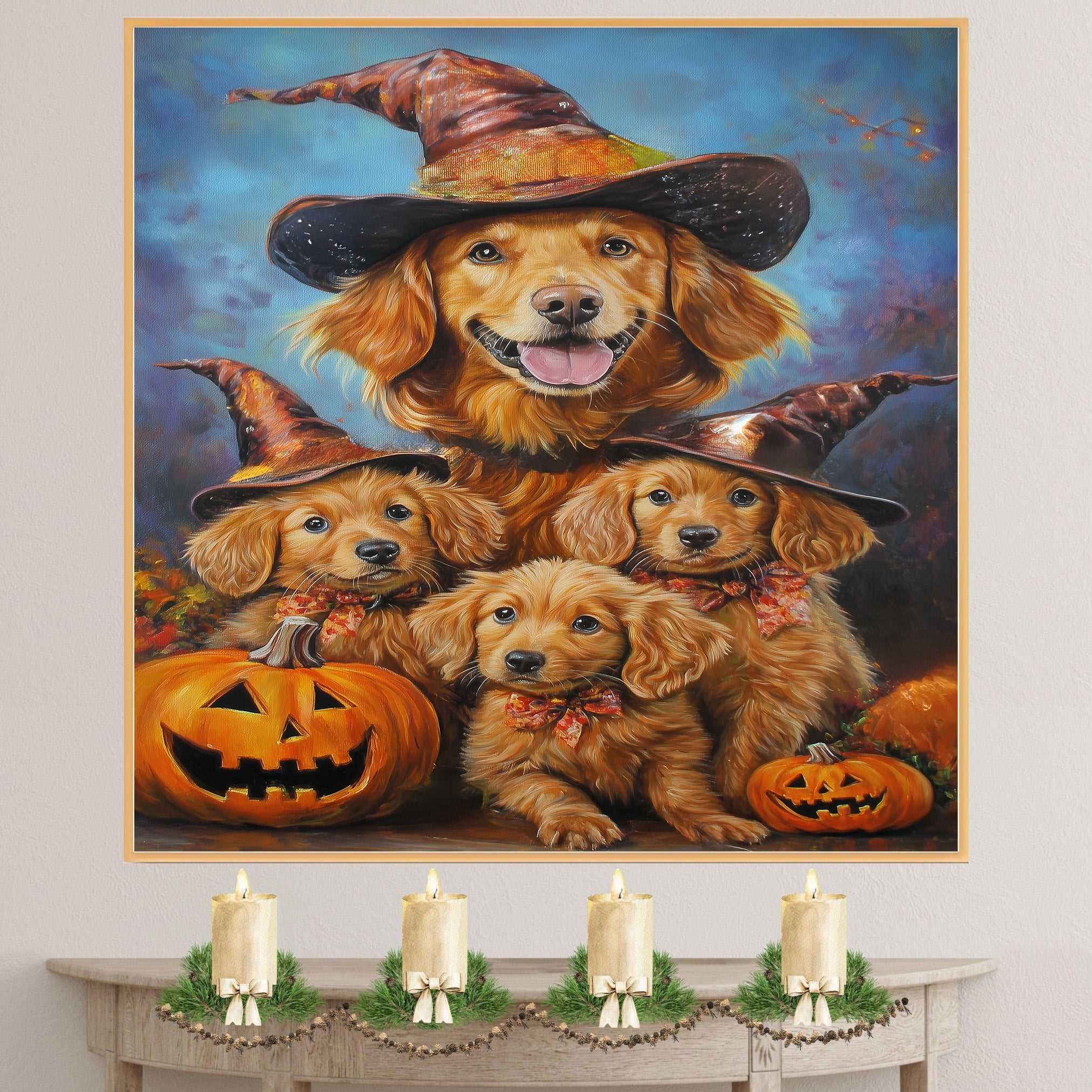 Nova Scotia Duck Tolling Retriever Halloween Canvas Wall Art with Pumpkins Rustic Fall Farmhouse Decor on Ready to Hang 1.5" Thick Canvas Wrap, Floating Framed Canvas, Flat Rolled Canvas