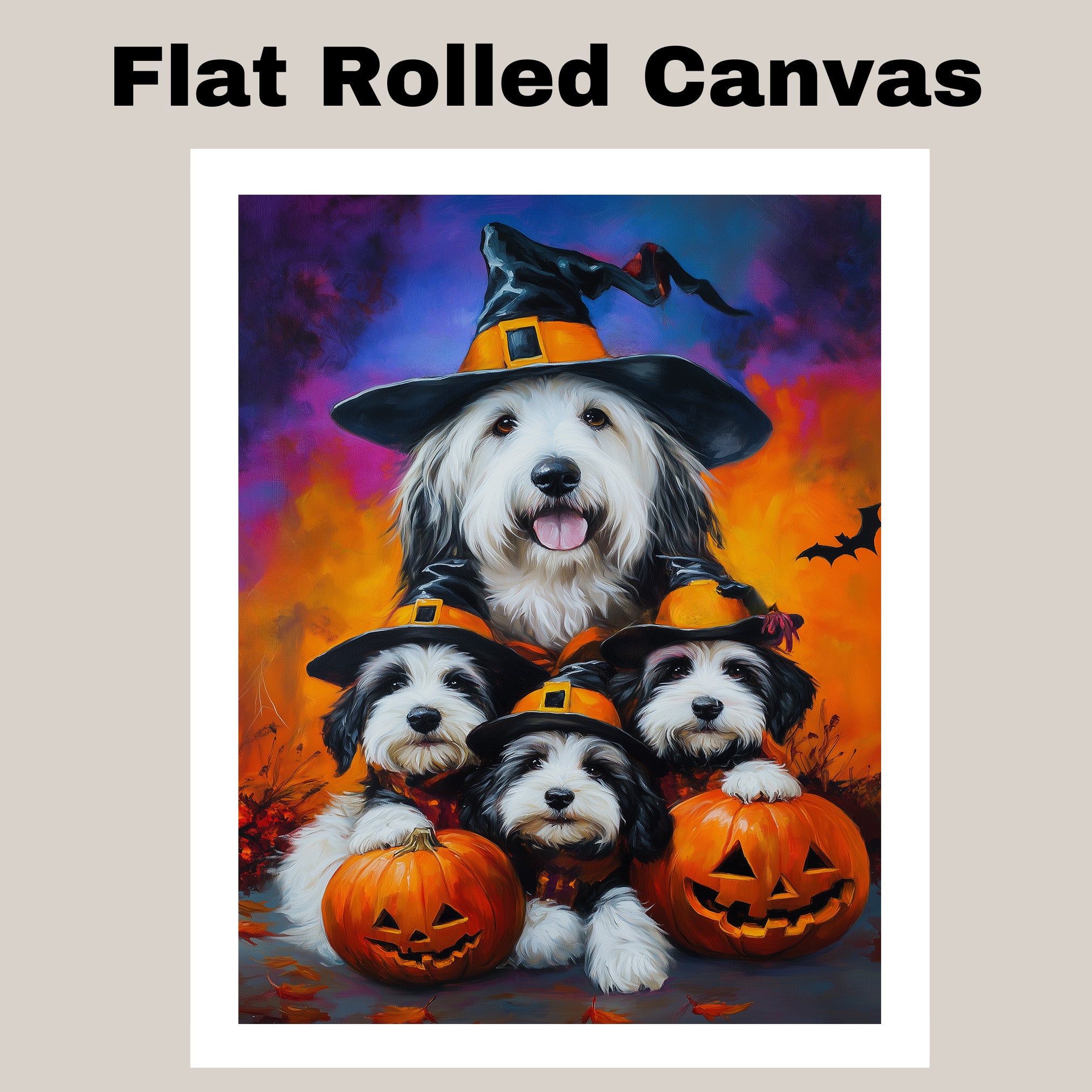 Old English Sheepdog Halloween Canvas Wall Art with Pumpkins Rustic Fall Farmhouse Decor for Cozy Autumn Homes on Ready to Hang 1.5" Thick Canvas Wrap, Floating Framed Canvas, Flat Rolled Canvas