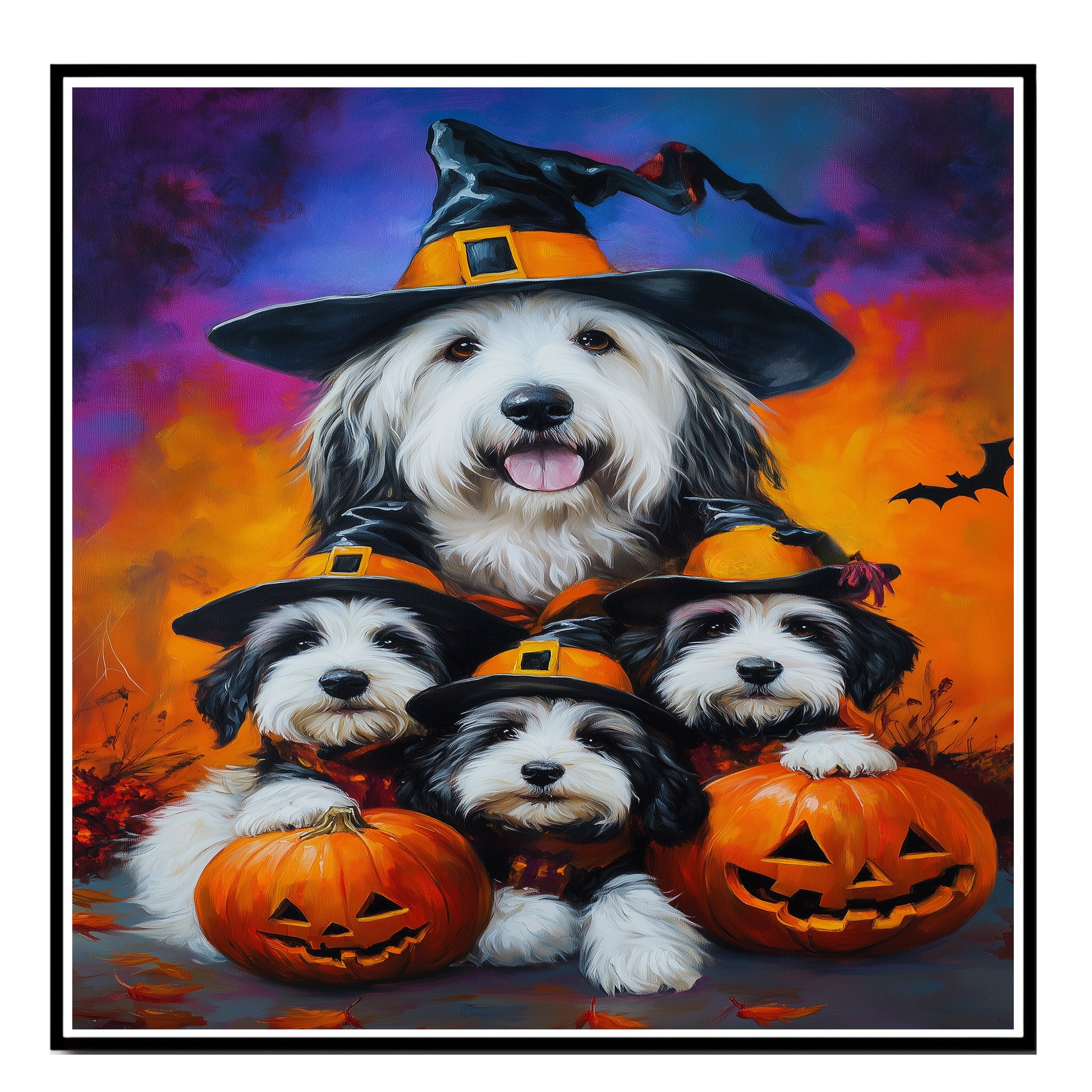 Old English Sheepdog Halloween Canvas Wall Art with Pumpkins Rustic Fall Farmhouse Decor for Cozy Autumn Homes on Ready to Hang 1.5" Thick Canvas Wrap, Floating Framed Canvas, Flat Rolled Canvas