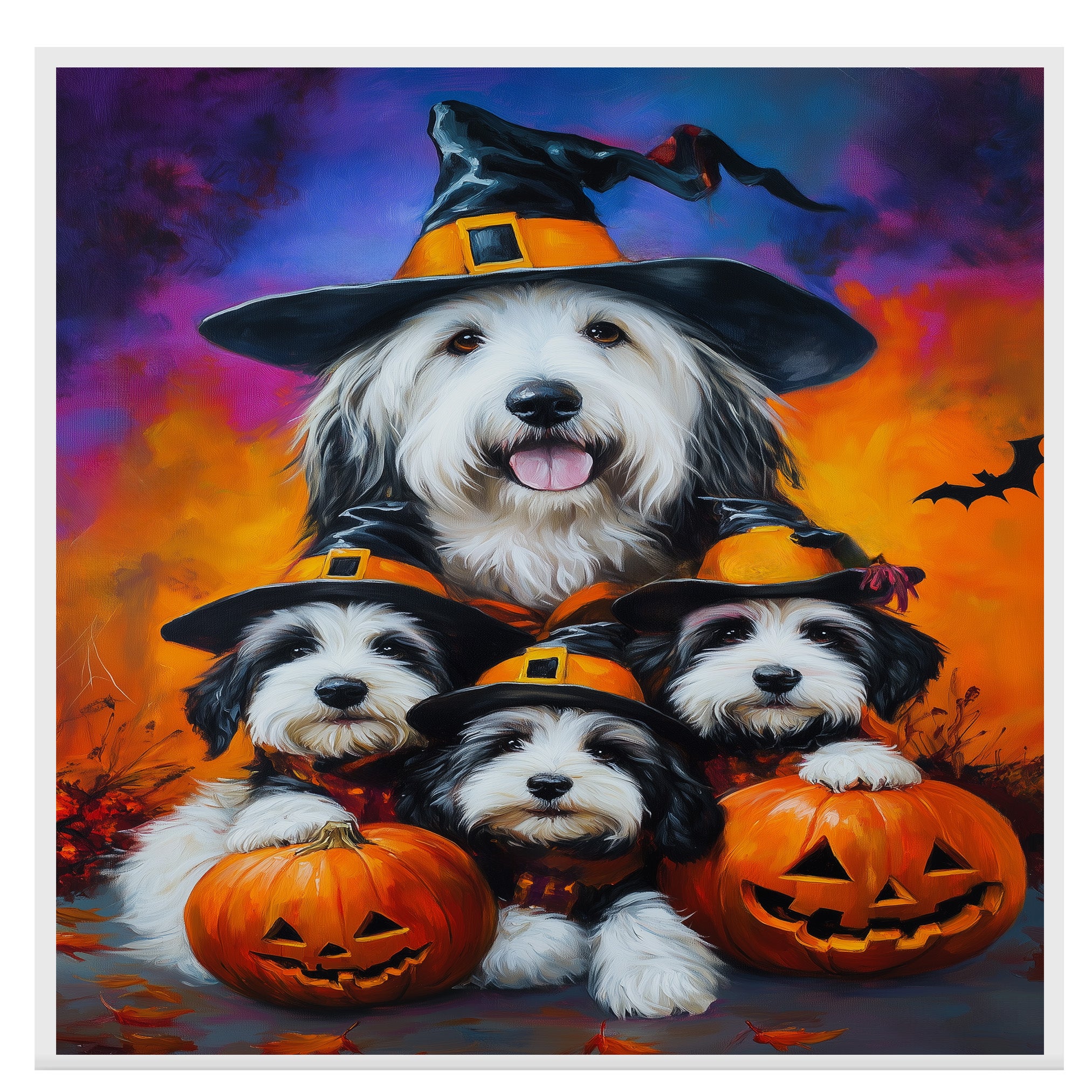 Old English Sheepdog Halloween Canvas Wall Art with Pumpkins Rustic Fall Farmhouse Decor for Cozy Autumn Homes on Ready to Hang 1.5" Thick Canvas Wrap, Floating Framed Canvas, Flat Rolled Canvas
