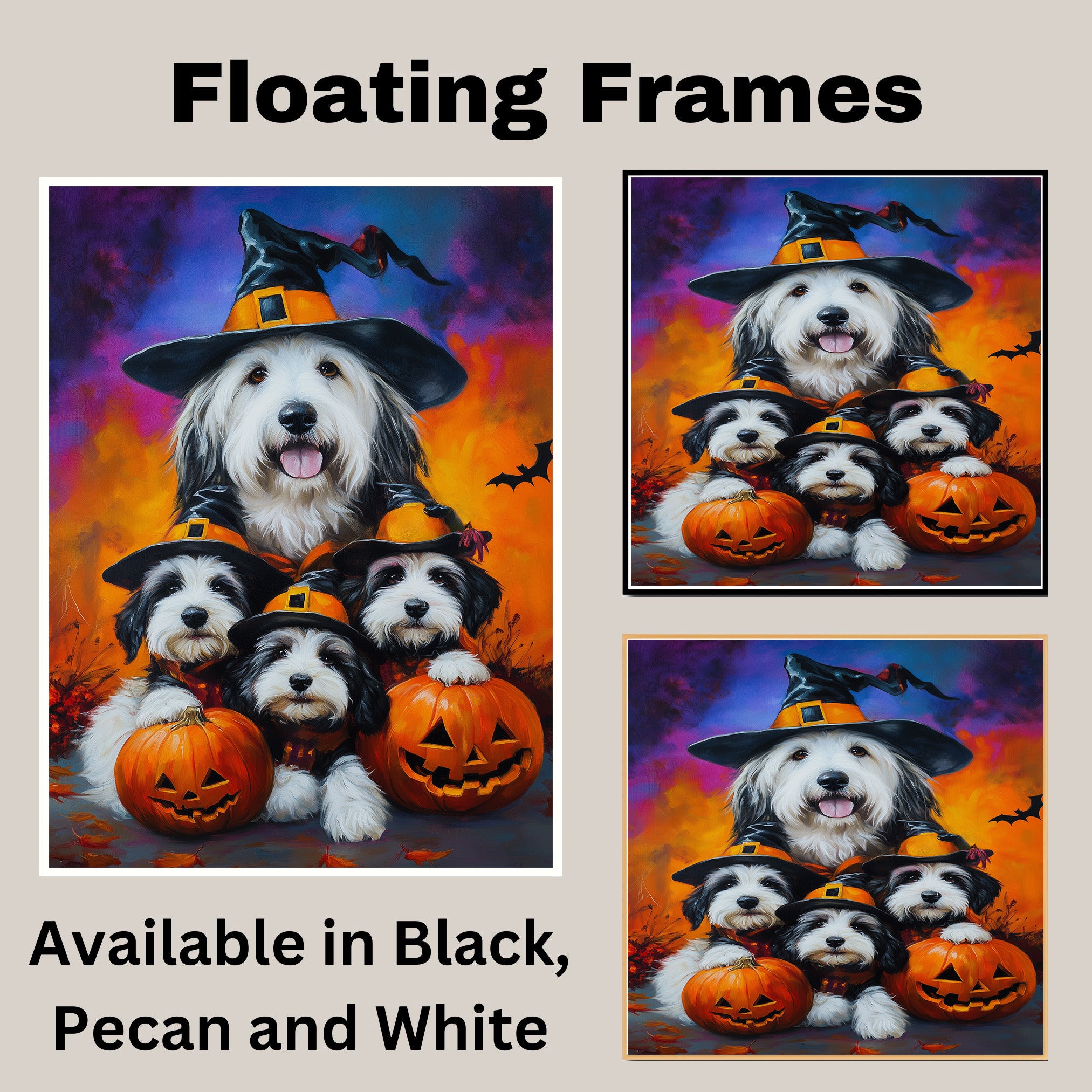 Old English Sheepdog Halloween Canvas Wall Art with Pumpkins Rustic Fall Farmhouse Decor for Cozy Autumn Homes on Ready to Hang 1.5" Thick Canvas Wrap, Floating Framed Canvas, Flat Rolled Canvas