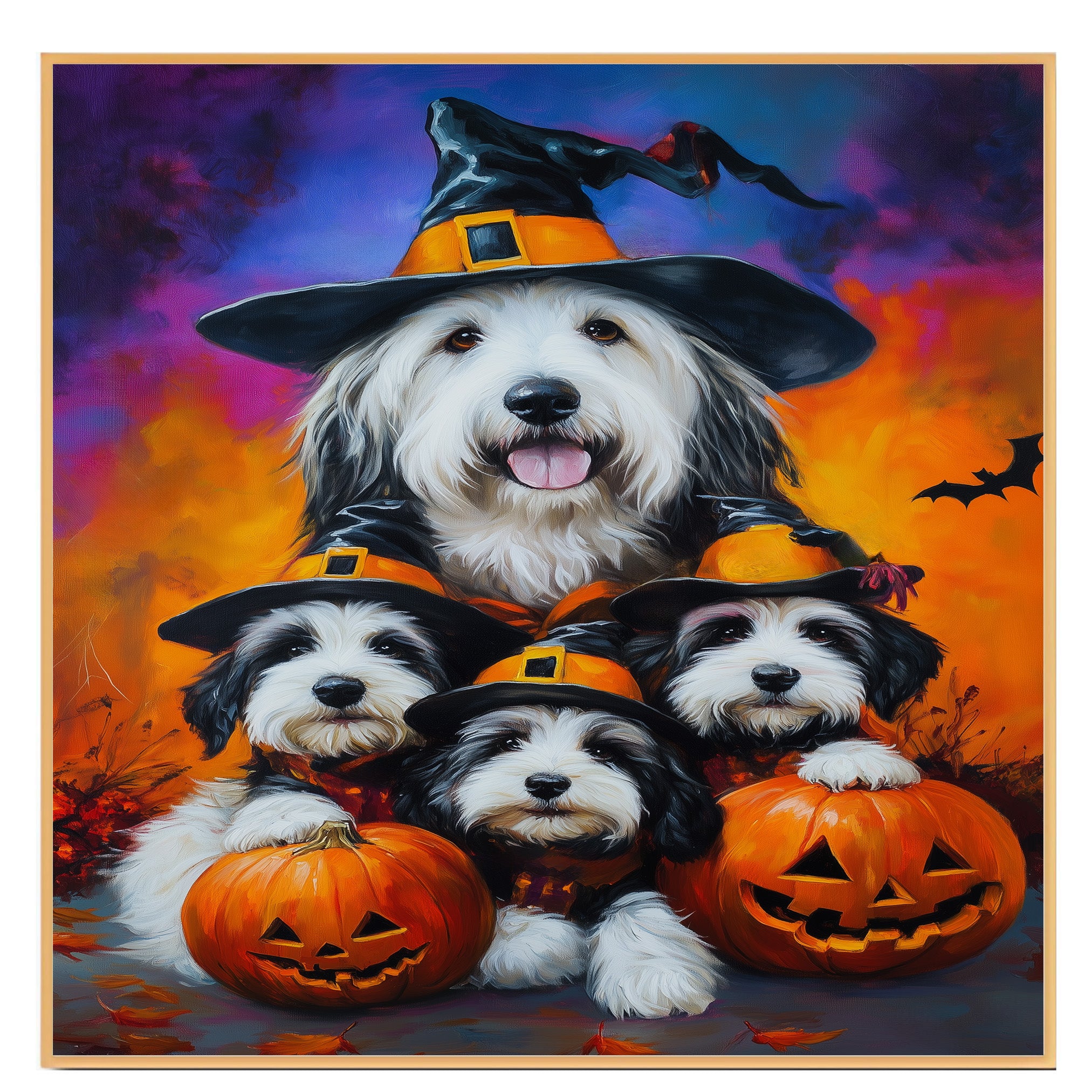 Old English Sheepdog Halloween Canvas Wall Art with Pumpkins Rustic Fall Farmhouse Decor for Cozy Autumn Homes on Ready to Hang 1.5" Thick Canvas Wrap, Floating Framed Canvas, Flat Rolled Canvas