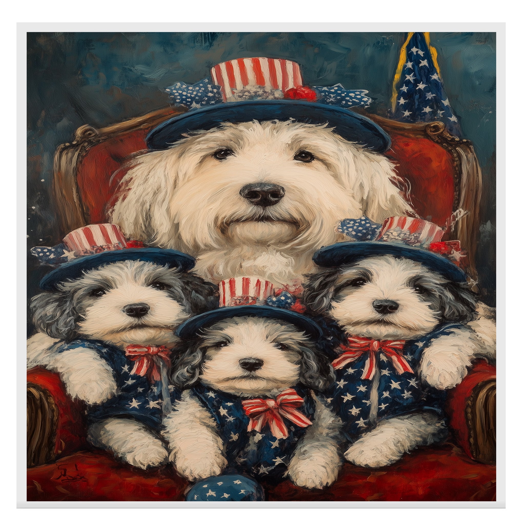 Mother Old English Sheepdog and Three Puppies in Patriotic Outfits on Red Chair with American Flag Hats on Ready to Hang 1.5" Thick Canvas Wrap, Floating Framed Canvas, Flat Rolled Canvas
