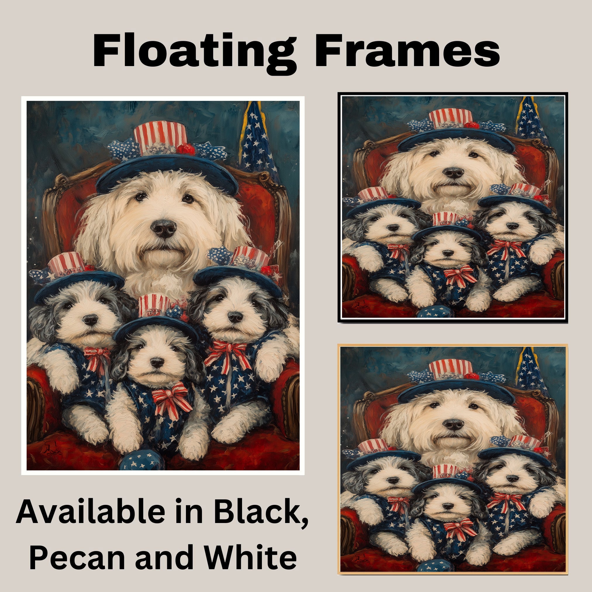 Mother Old English Sheepdog and Three Puppies in Patriotic Outfits on Red Chair with American Flag Hats on Ready to Hang 1.5" Thick Canvas Wrap, Floating Framed Canvas, Flat Rolled Canvas
