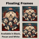 Mother Old English Sheepdog and Three Puppies in Patriotic Outfits on Red Chair with American Flag Hats on Ready to Hang 1.5" Thick Canvas Wrap, Floating Framed Canvas, Flat Rolled Canvas