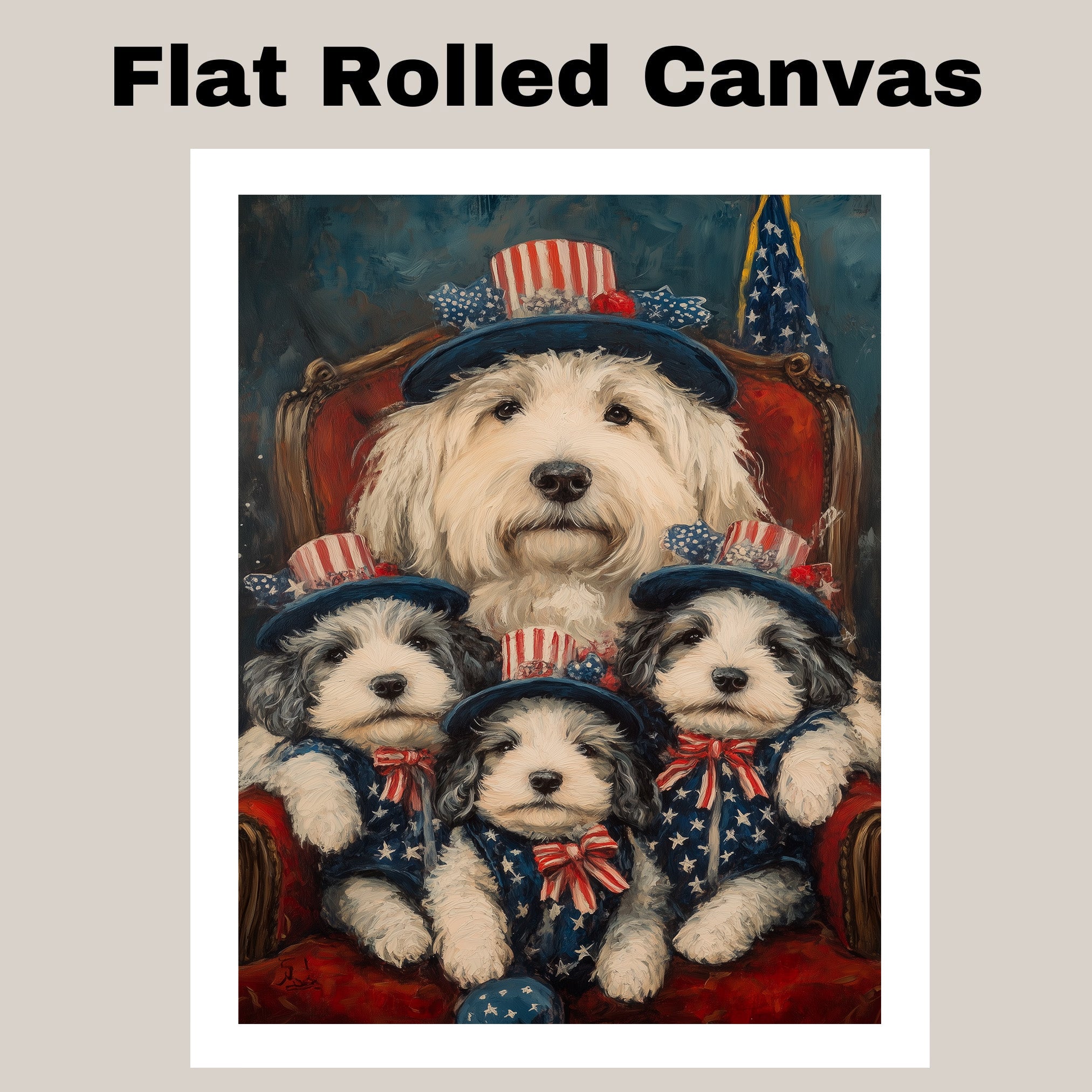 Mother Old English Sheepdog and Three Puppies in Patriotic Outfits on Red Chair with American Flag Hats on Ready to Hang 1.5" Thick Canvas Wrap, Floating Framed Canvas, Flat Rolled Canvas
