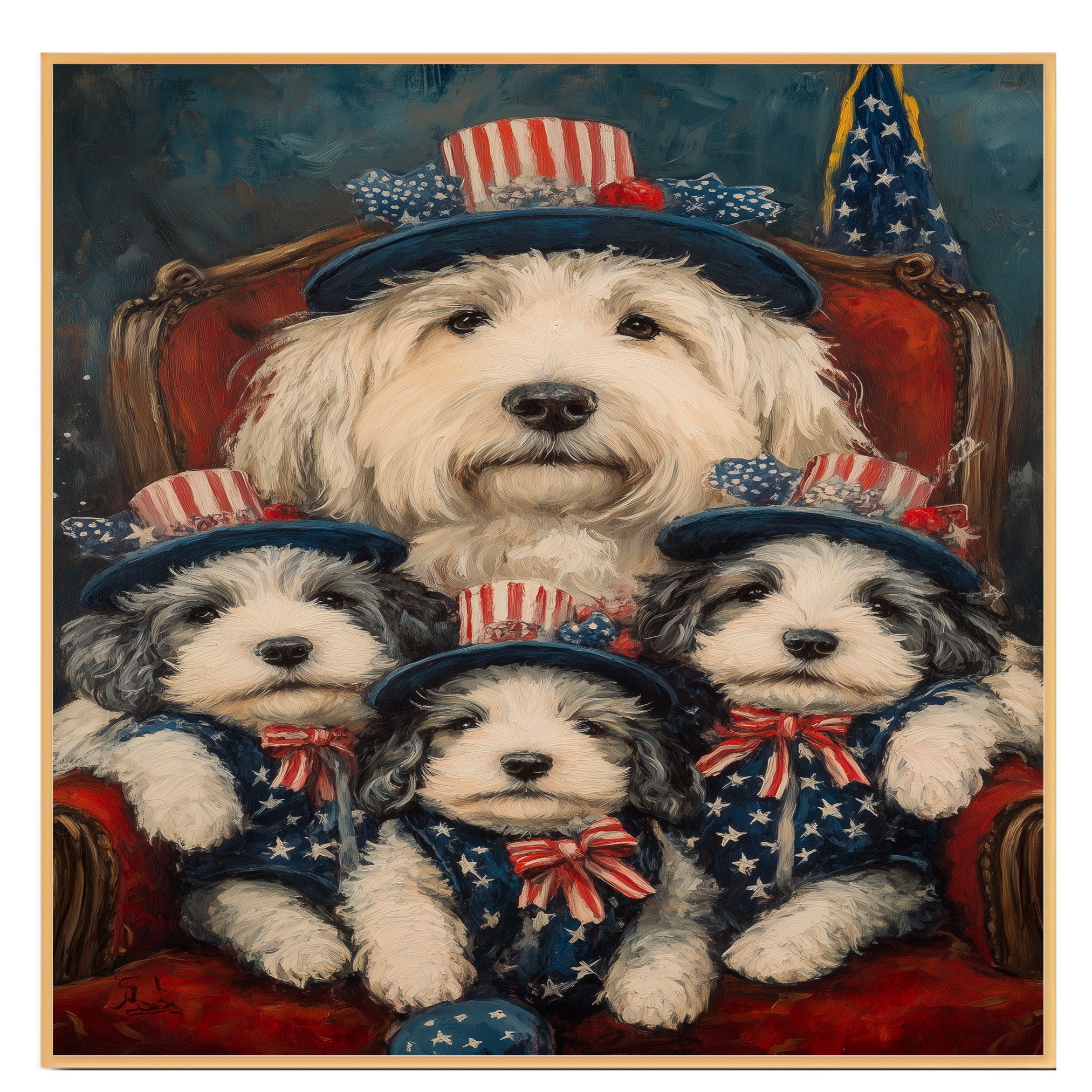 Mother Old English Sheepdog and Three Puppies in Patriotic Outfits on Red Chair with American Flag Hats on Ready to Hang 1.5" Thick Canvas Wrap, Floating Framed Canvas, Flat Rolled Canvas