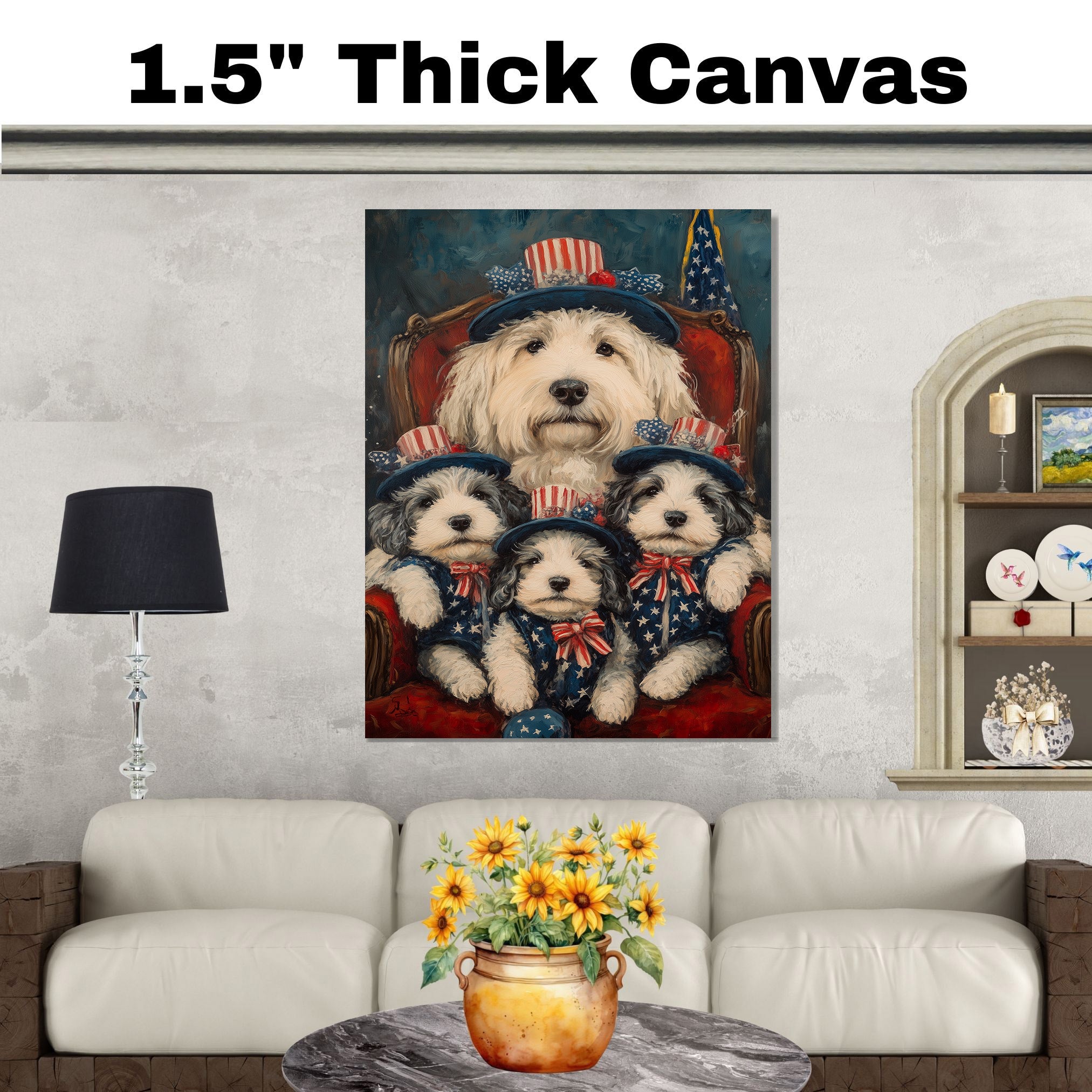 Mother Old English Sheepdog and Three Puppies in Patriotic Outfits on Red Chair with American Flag Hats on Ready to Hang 1.5" Thick Canvas Wrap, Floating Framed Canvas, Flat Rolled Canvas