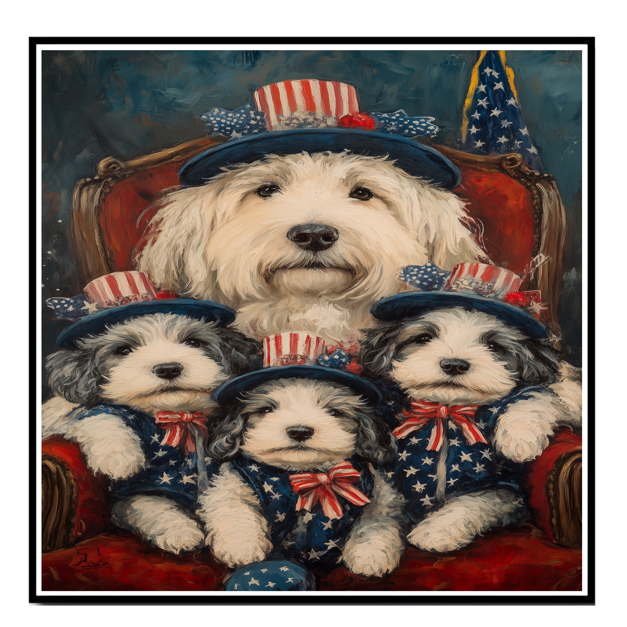 Mother Old English Sheepdog and Three Puppies in Patriotic Outfits on Red Chair with American Flag Hats on Ready to Hang 1.5" Thick Canvas Wrap, Floating Framed Canvas, Flat Rolled Canvas