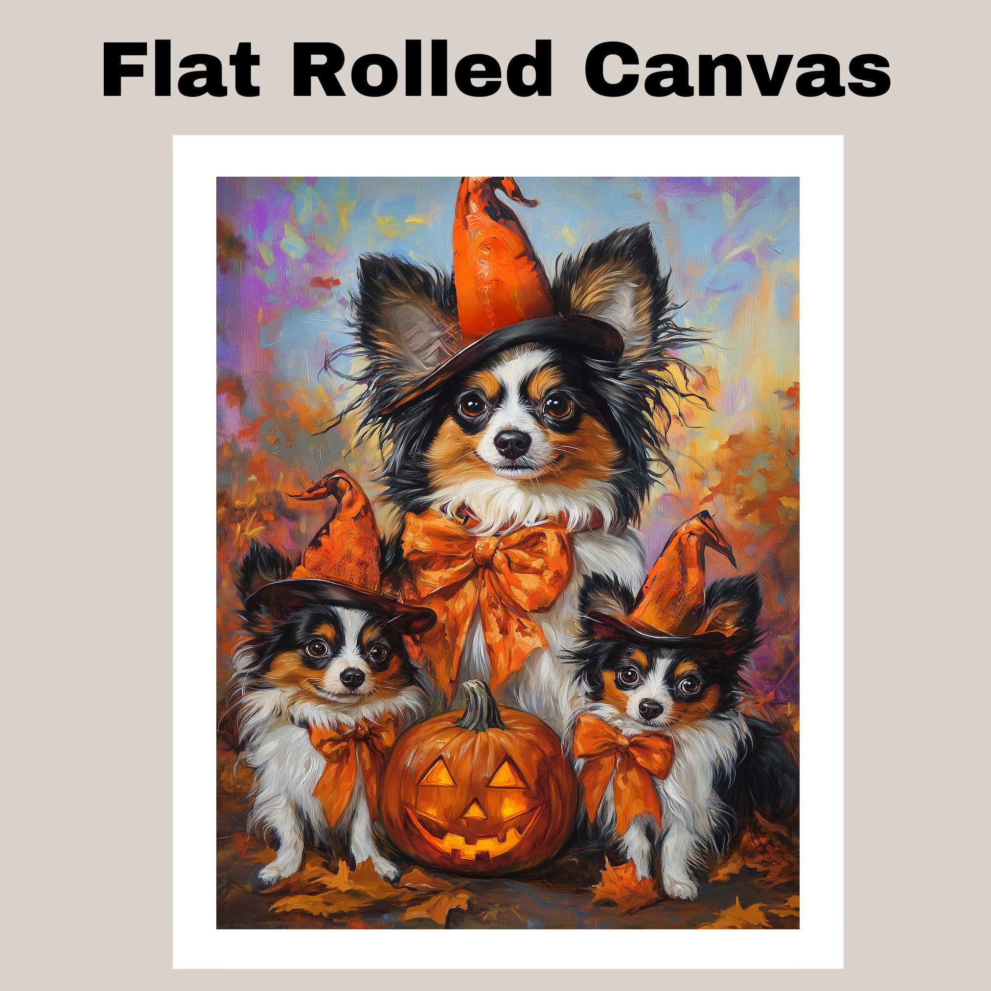 Fall Halloween Papillon Dog Canvas Artwork with Pumpkins Rustic Thanksgiving Wall Decor for Farmhouse and Pet Lovers on Ready to Hang 1.5" Thick Canvas Wrap, Floating Framed Canvas, Flat Rolled Canvas