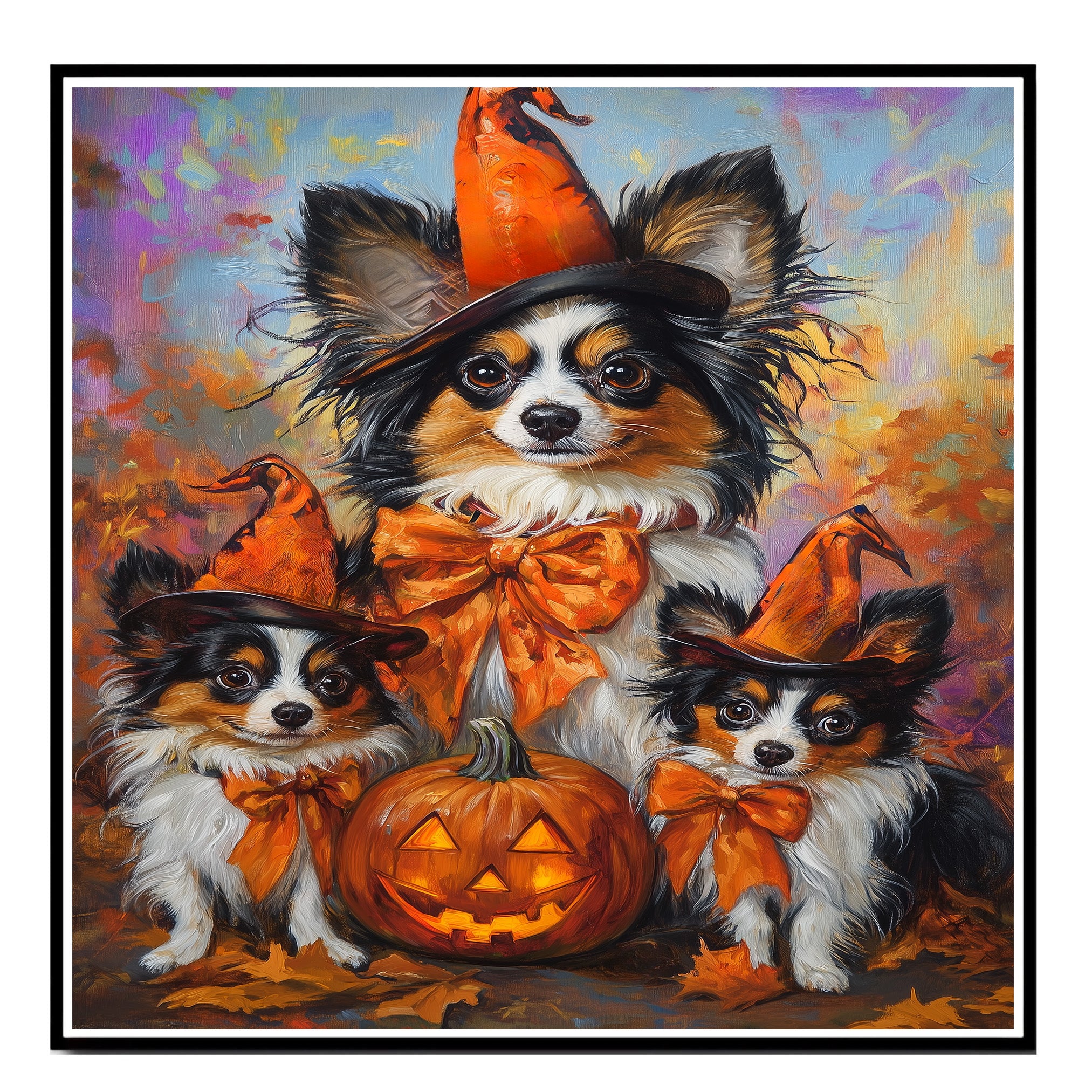 Fall Halloween Papillon Dog Canvas Artwork with Pumpkins Rustic Thanksgiving Wall Decor for Farmhouse and Pet Lovers on Ready to Hang 1.5" Thick Canvas Wrap, Floating Framed Canvas, Flat Rolled Canvas