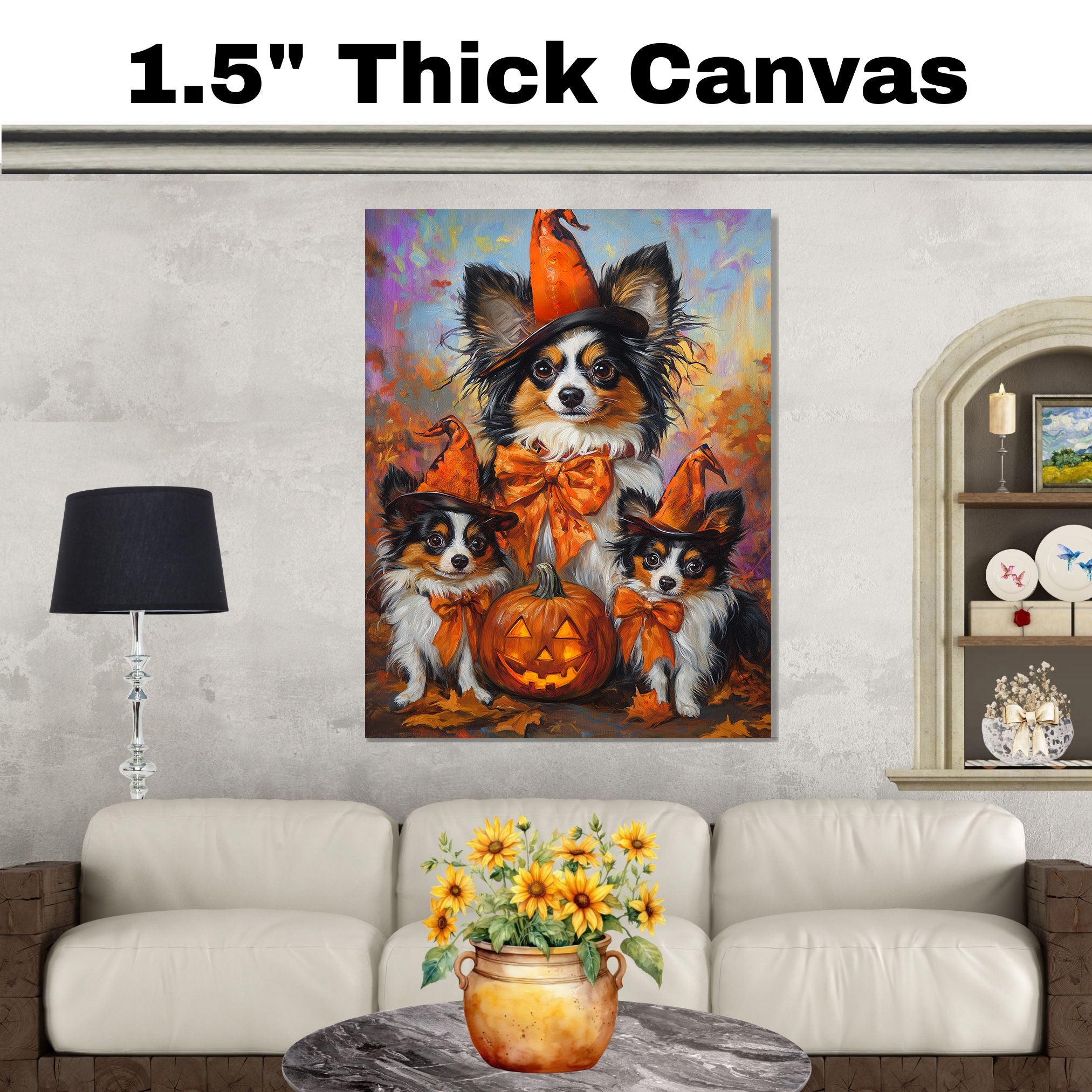 Fall Halloween Papillon Dog Canvas Artwork with Pumpkins Rustic Thanksgiving Wall Decor for Farmhouse and Pet Lovers on Ready to Hang 1.5" Thick Canvas Wrap, Floating Framed Canvas, Flat Rolled Canvas